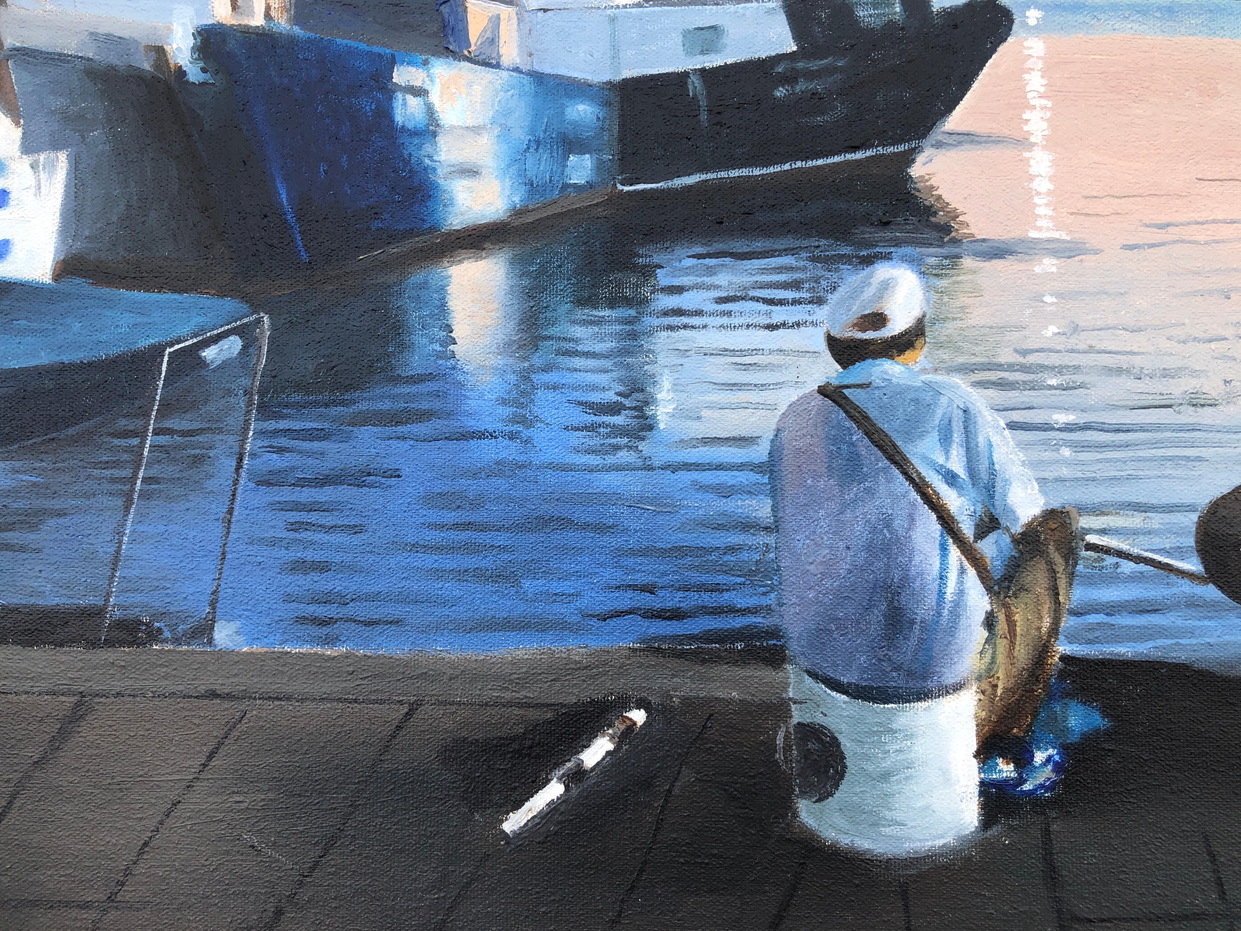 Sailor and sunset oil on canvas painting seascape boats For Sale 1