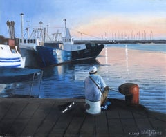 Marinero y puesta de sol óleo sobre lienzo pintura paisaje marino barcos