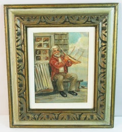 Sailor with His Ships Model, Oil on Canvas, Framed, 1960s, 11.5x8.5"