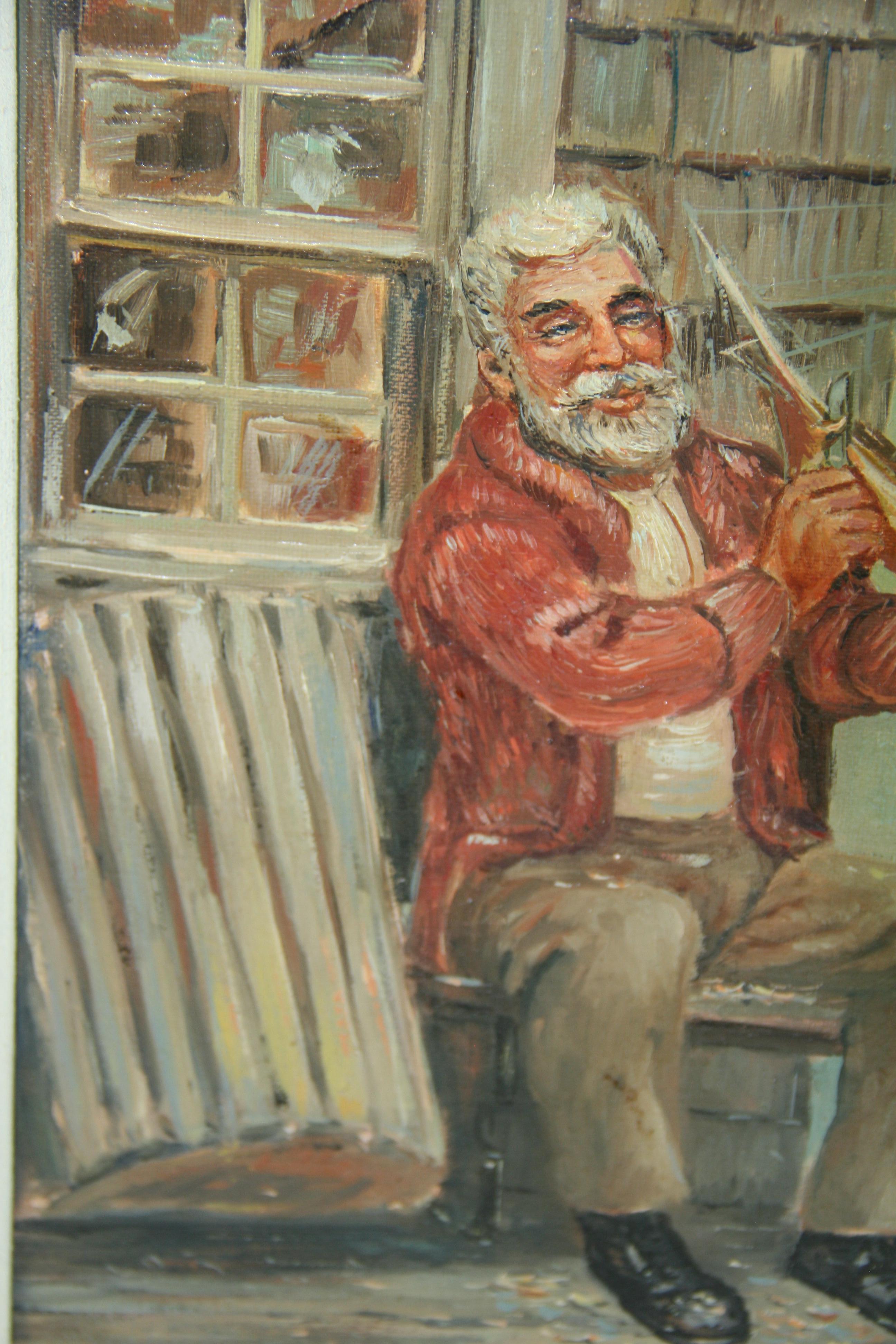 Sailor with His Ships Model - Brown Figurative Painting by Unknown