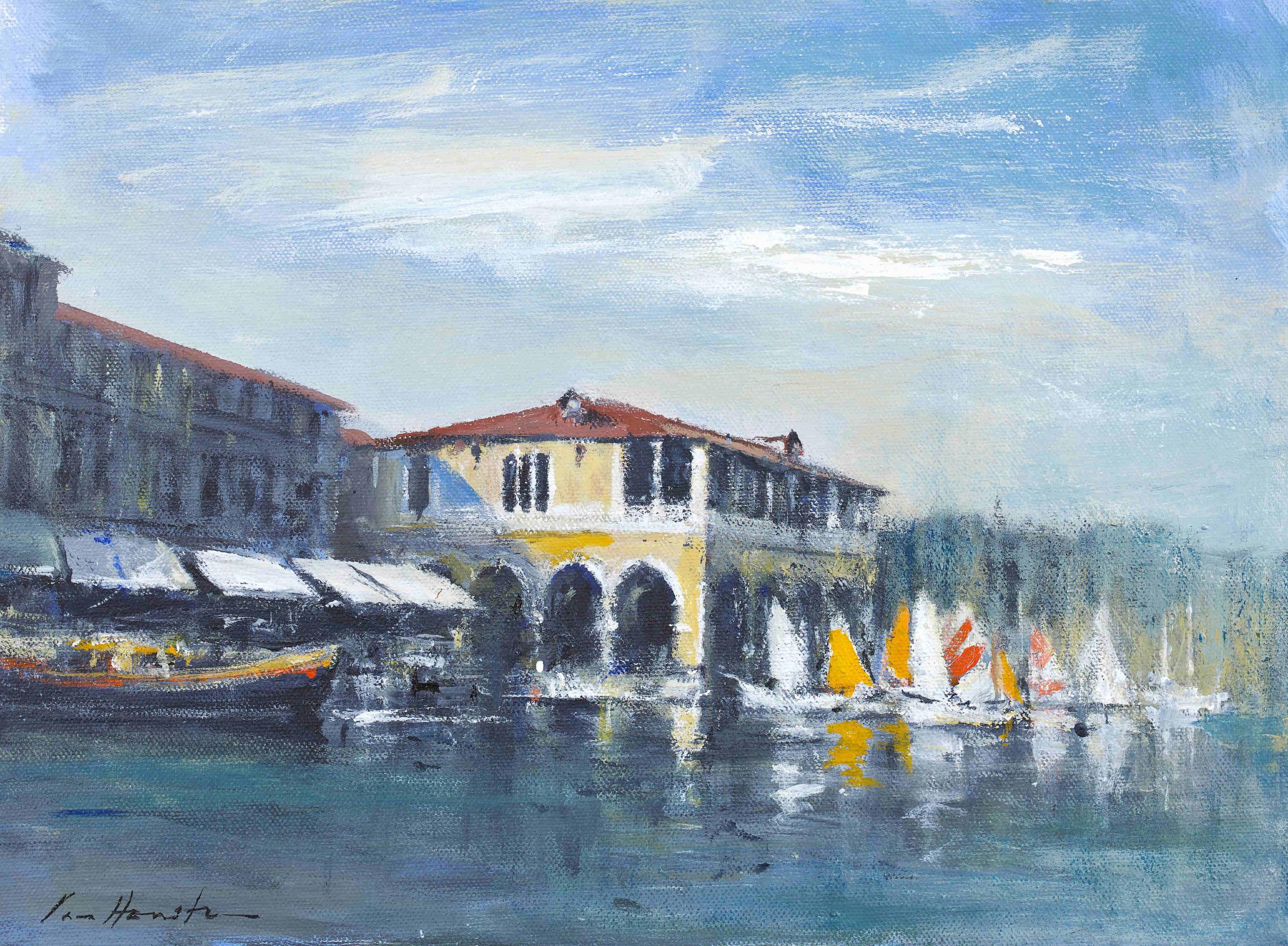 Sails by the Fish Market, Venice - Painting by Unknown