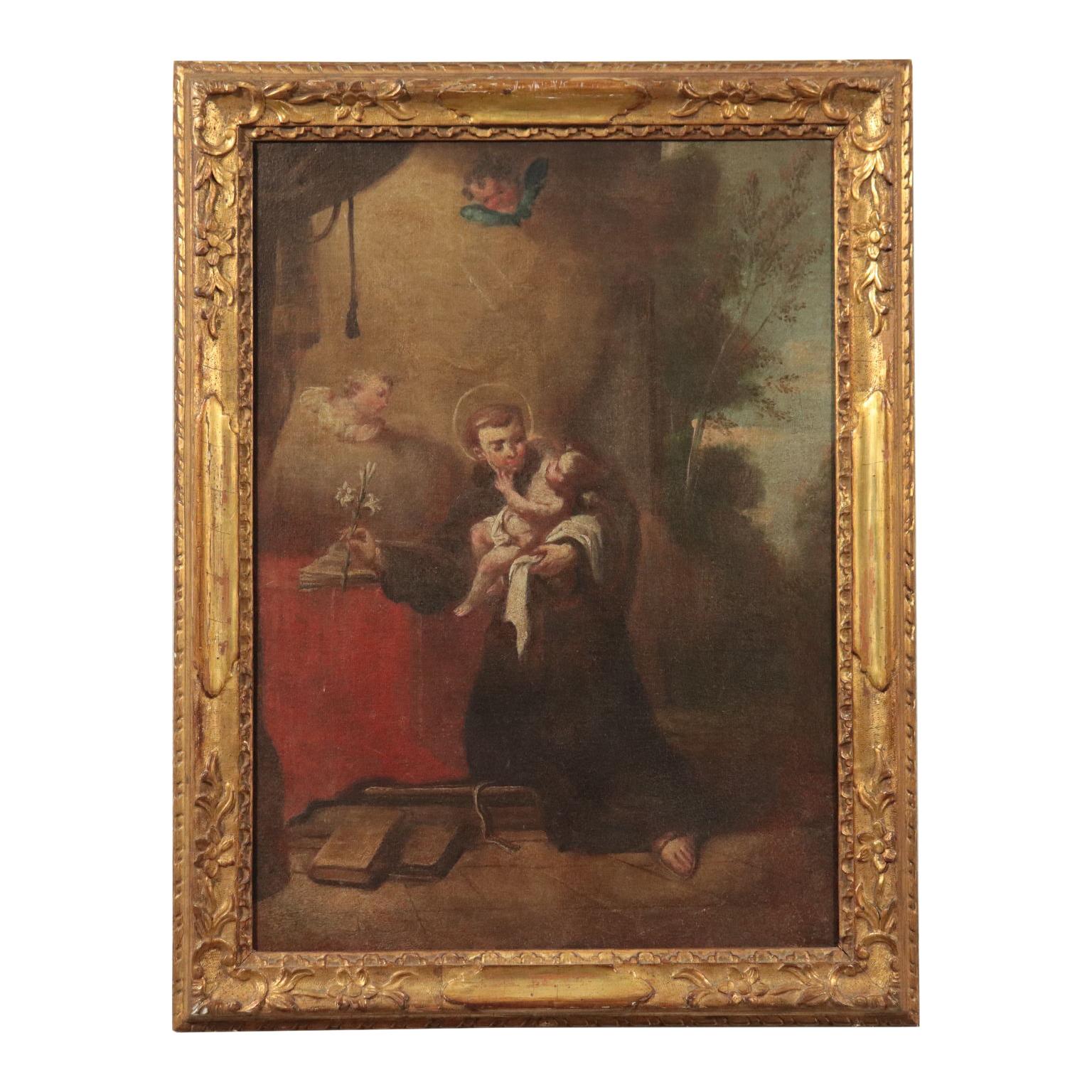 Unknown Figurative Painting - Saint Anthony Of Padua With Baby Jesus Oil On Canvas 17th 18th Century