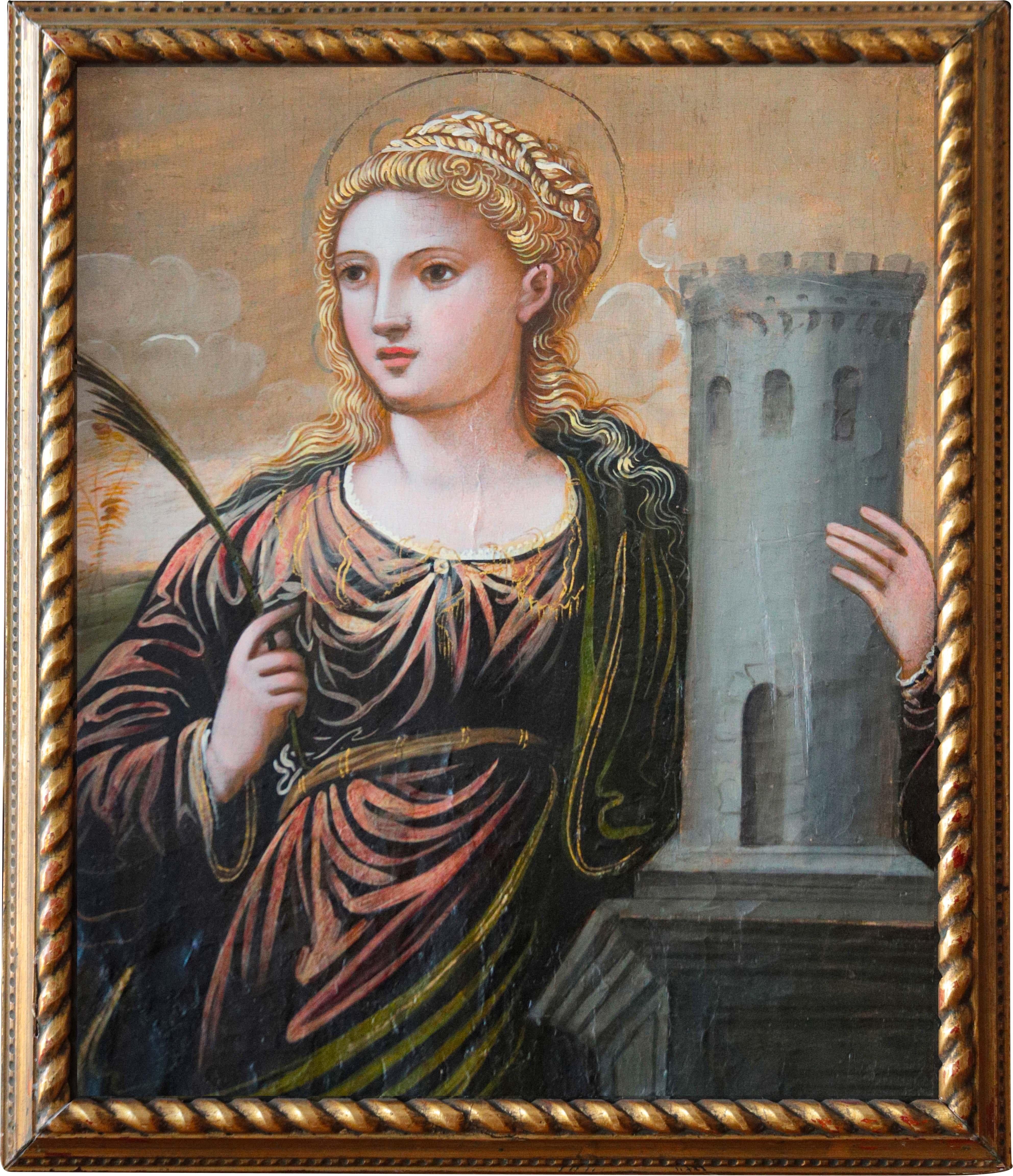 Unknown Figurative Painting - Saint Barbara — Cretan School Panel Painting