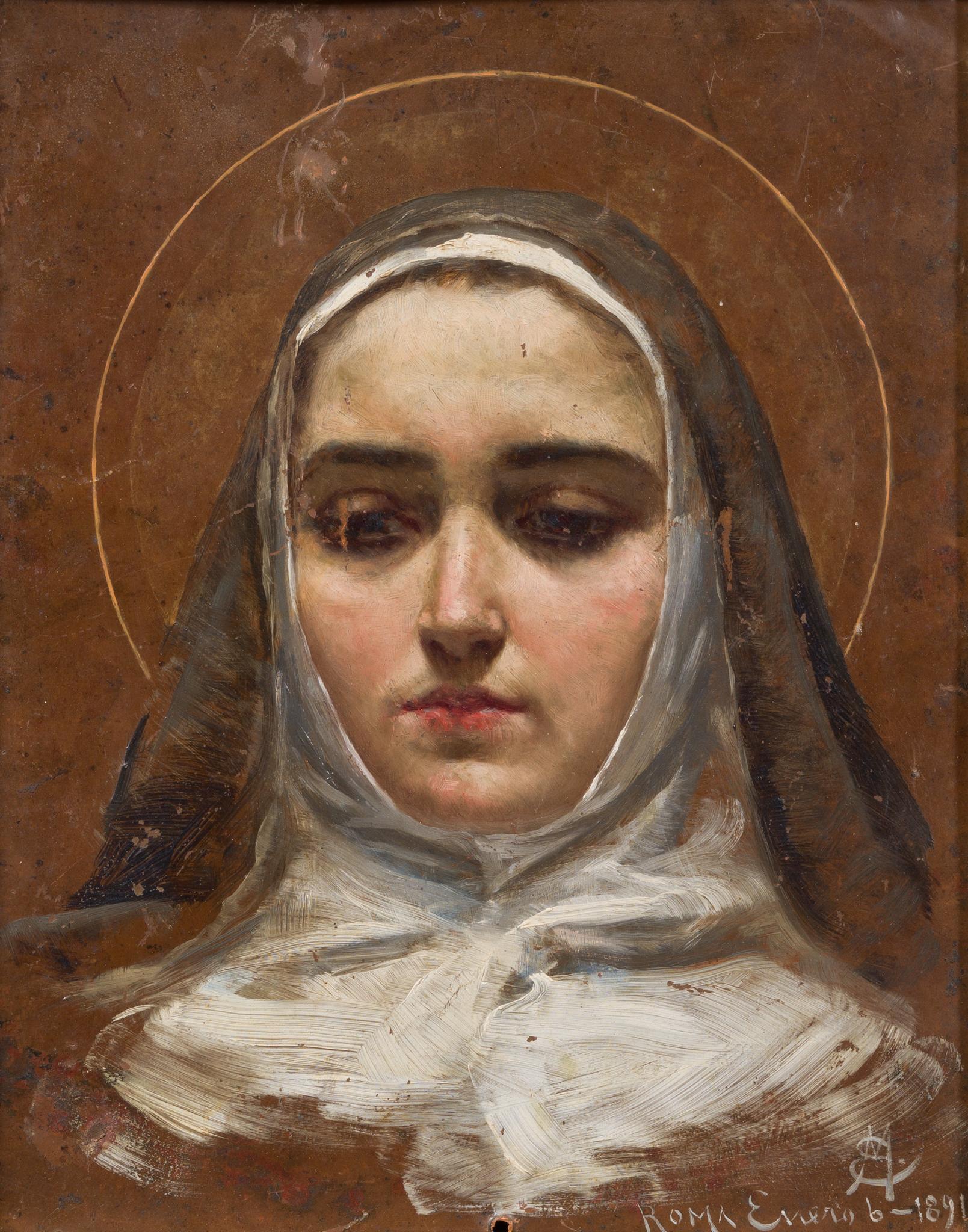 Saint Bernadette Soubirous Portrait and Religious Scene (1891) - Brown Figurative Painting by Unknown