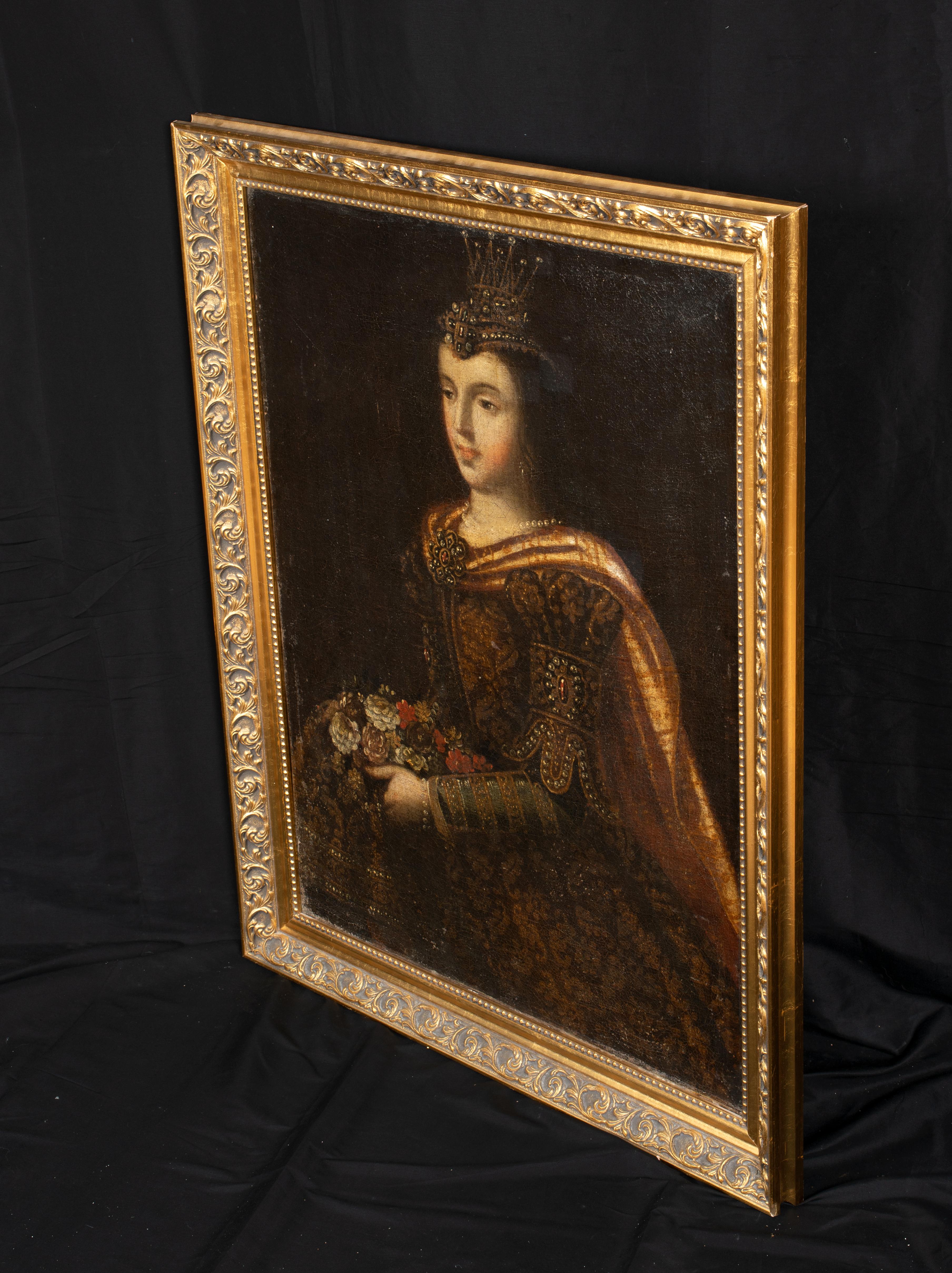 Saint Dorothy, 16th Century

Spanish School

Large 16th/17th century Spanish Old Master depiction of Saint Dorothy, oil on canvas. Excellent quality and condition important early depiction of the virgin martyr carrying the headress of fruits and