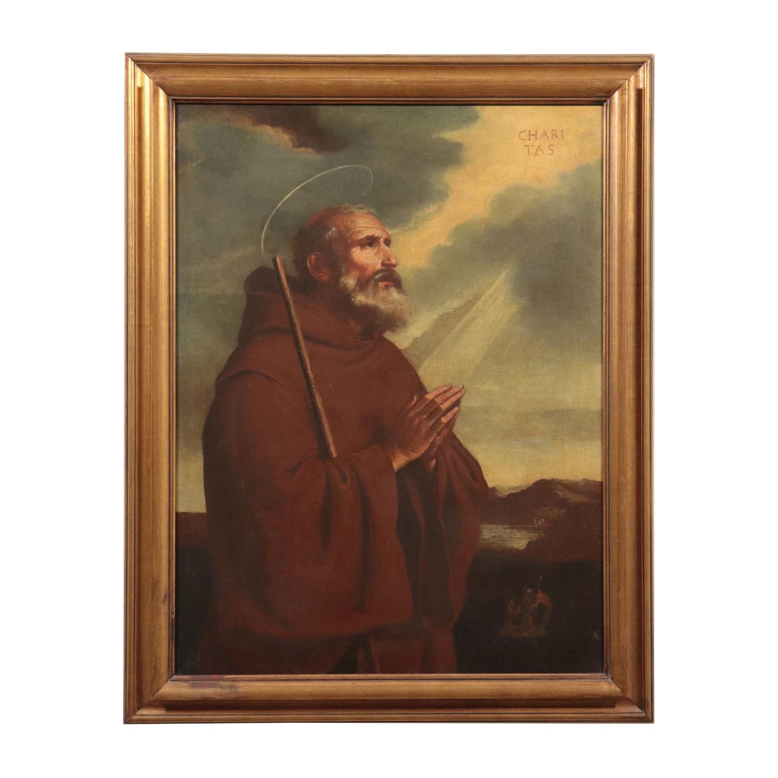 Unknown Portrait Painting - Saint Francis Of Paola Oil On Canvas 18th Century