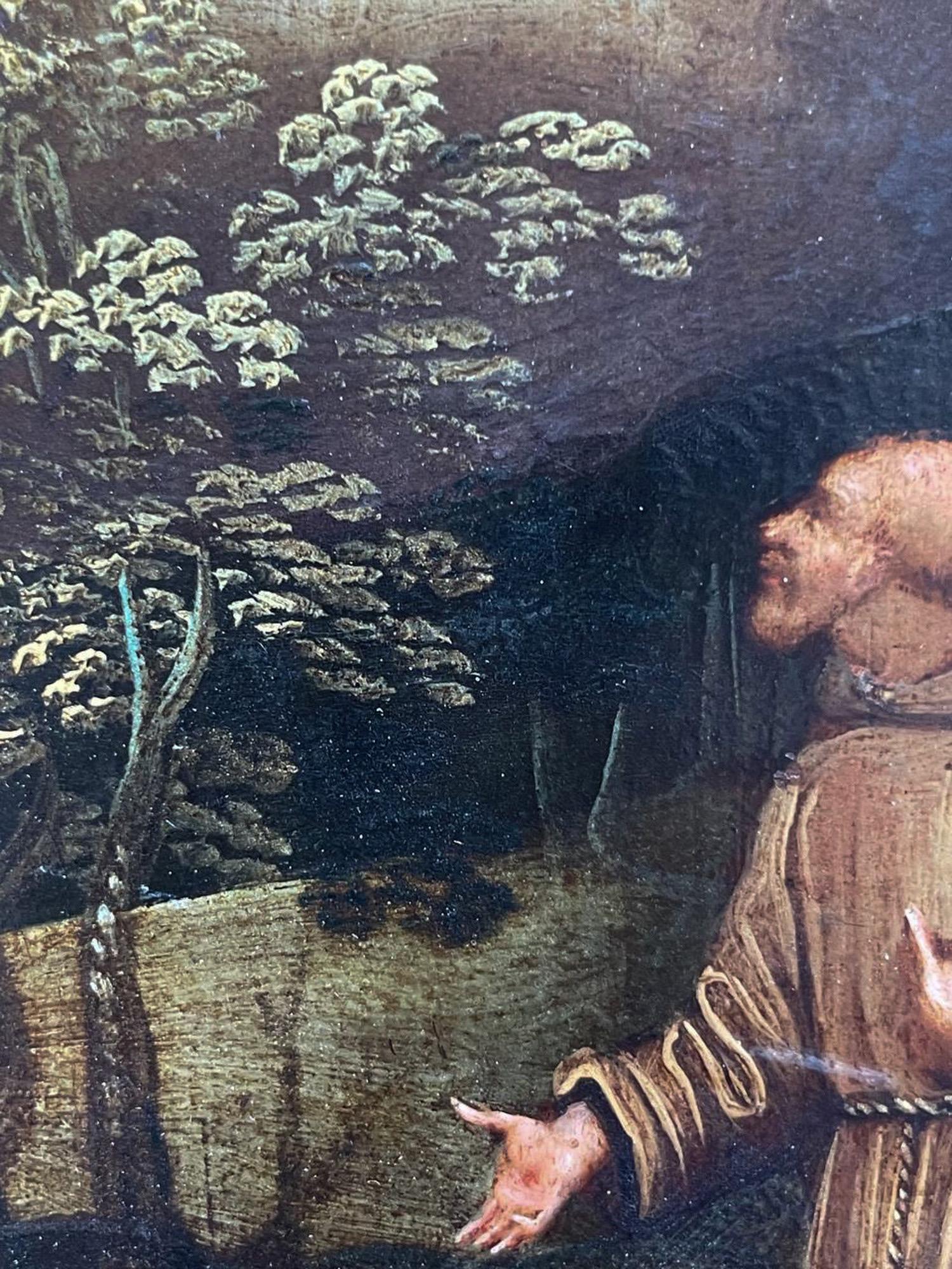 Saint Francis Receiving The Stigmata. Oil On Copper, Flemish School, 17 century - Black Landscape Painting by Unknown