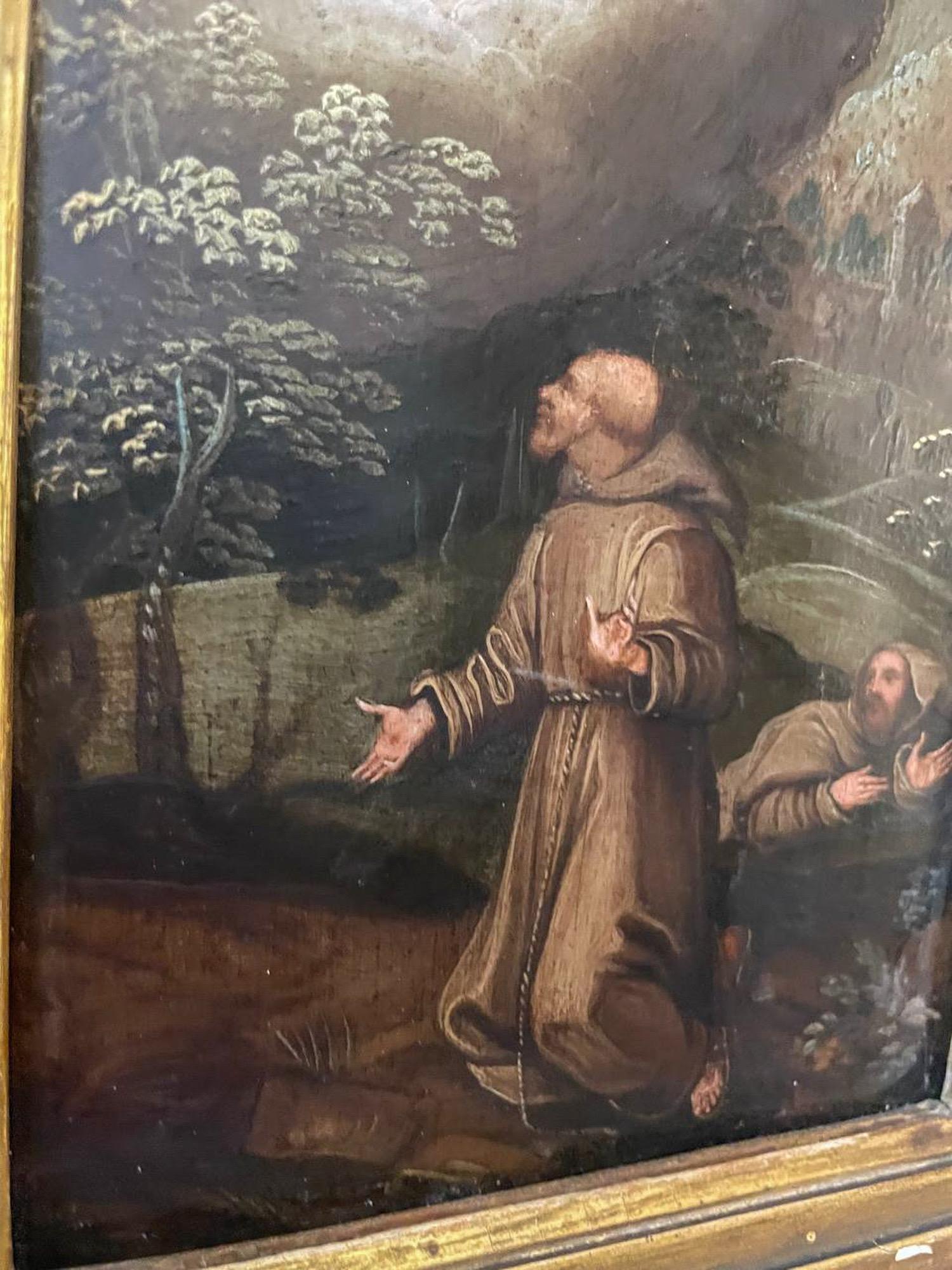 Saint Francis Receiving the Stigmata 

Oil on copper.
Flemish school.

17th century 

Dimensions: with frame 19 cm x 16 cm, 
without frame 16 cm x 13 cm 

The scene of Saint Francis receiving the stigmata is one of the central themes in