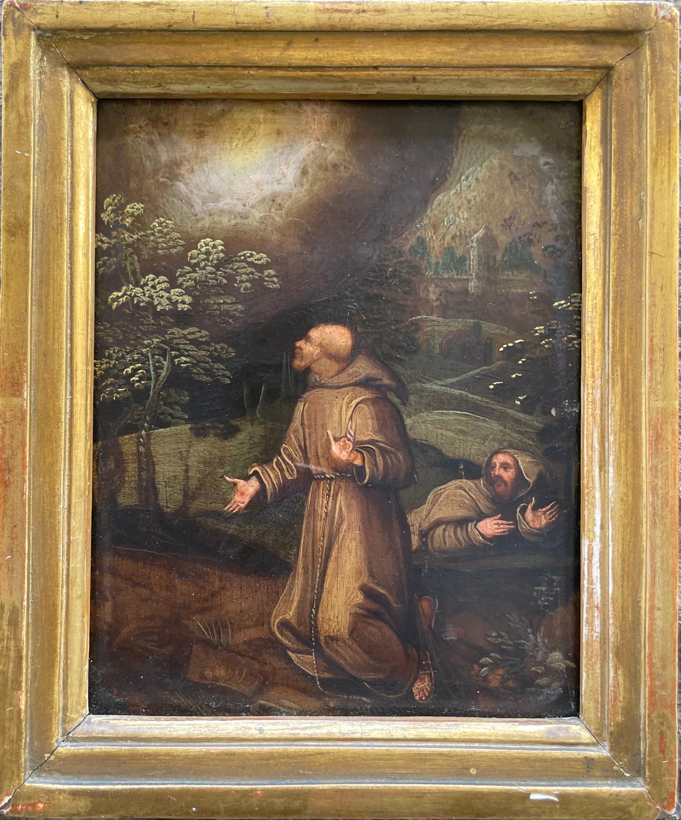 San Francesco che riceve le stimmate
Olio su rame, Scuola Flemish, 17th Century - Painting di Unknown