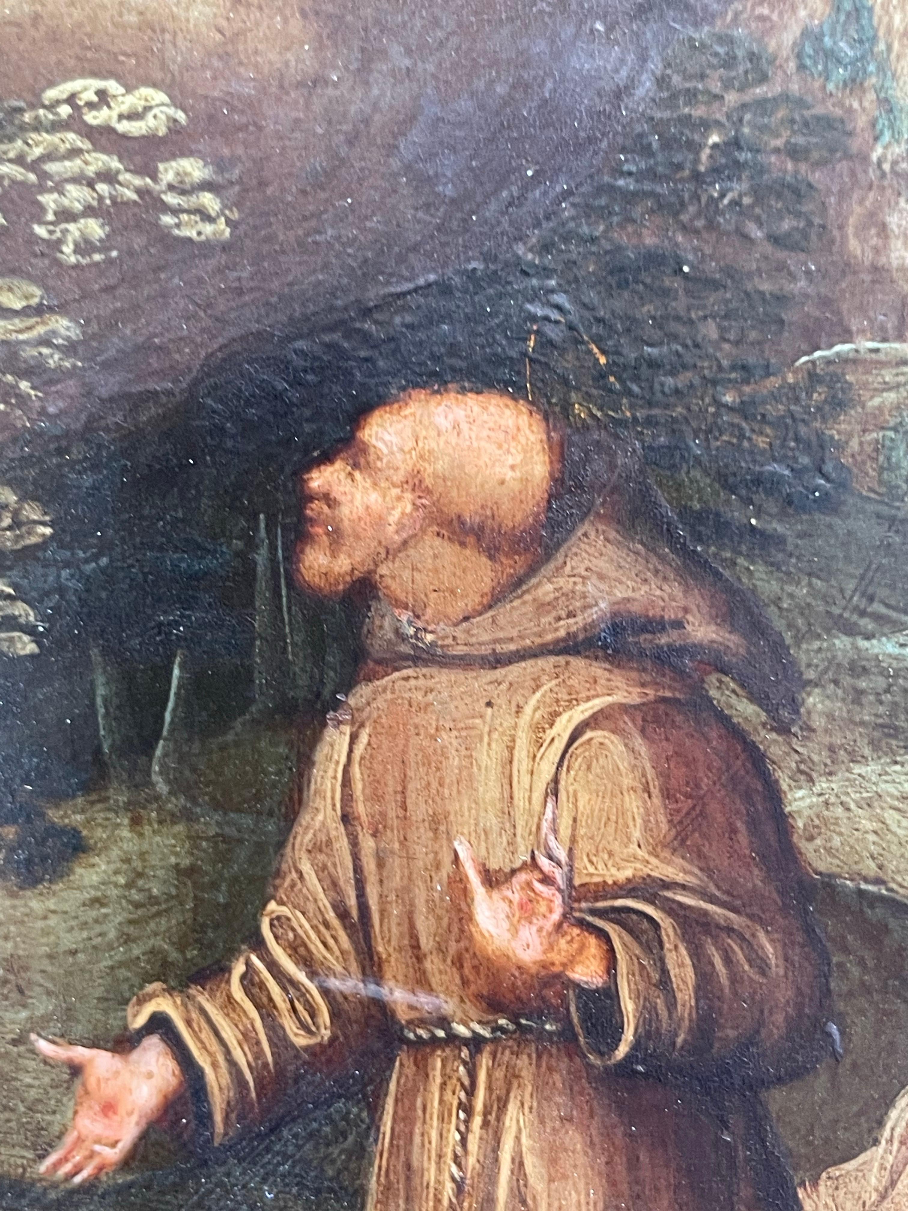 San Francesco che riceve le stimmate
Olio su rame, Scuola Flemish, 17th Century - Landscape Painting Nero di Unknown
