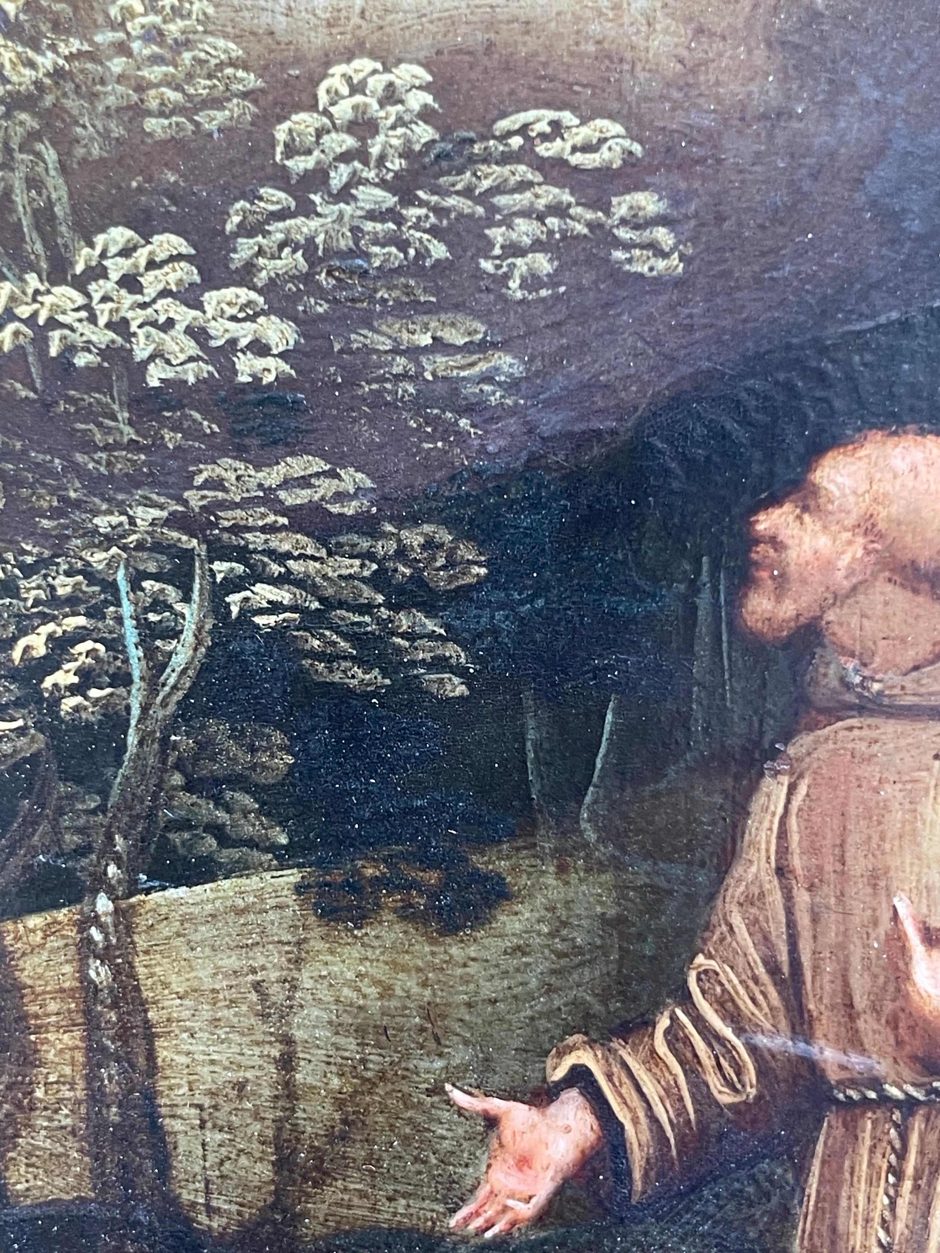 San Francesco che riceve le stimmate
Olio su rame, Scuola Flemish, 17th Century
Dimensioni: con cornice 19 cm x 16 cm, senza cornice 16 cm x 13 cm

La scena di San Francesco che riceve le stimmate è uno dei temi centrali della pittura della