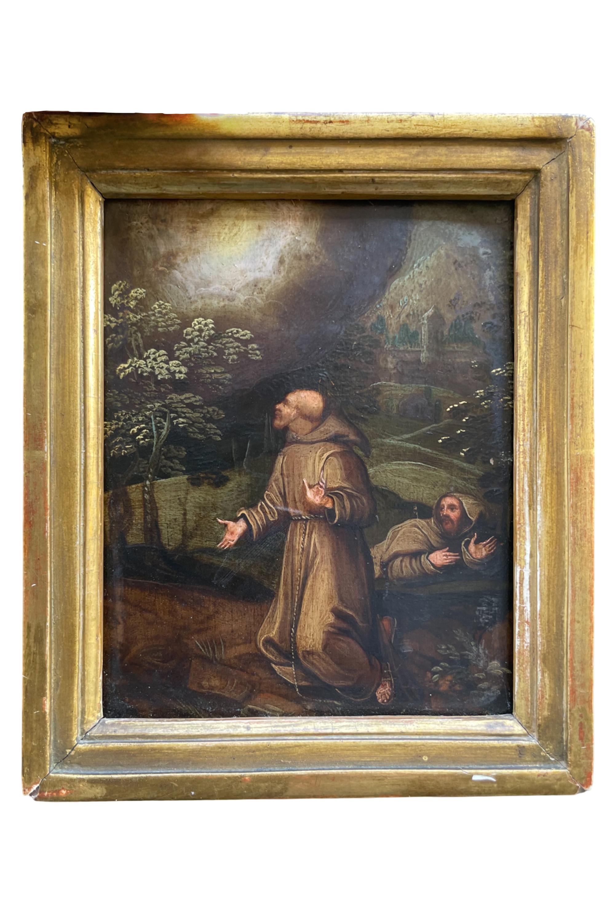 Landscape Painting Unknown - Saint François recevant le Stigmata
Huile sur cuivre, École flamande, XVIIe siècle