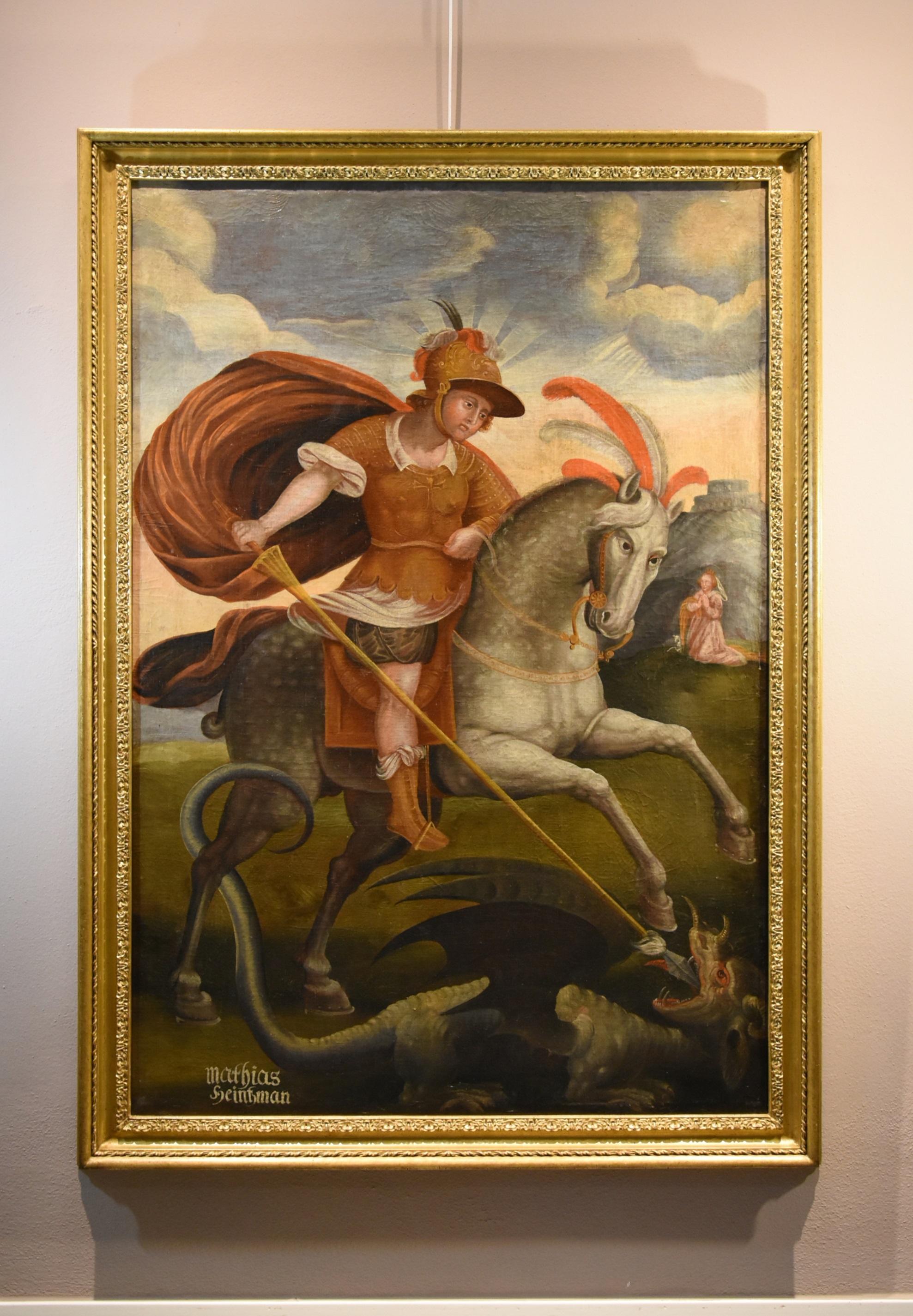 Saint George Dragon Alpine Painter 17th Century Paint Oil on canvas Old master - Old Masters Painting by Unknown