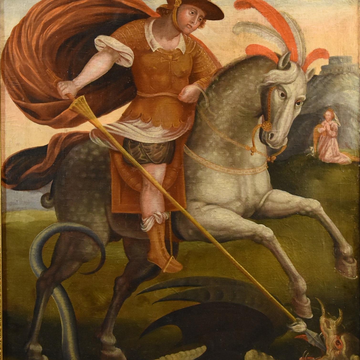 Saint George and the Dragon
Alpine painter, 17th century

Oil on canvas
142 x 96 cm. - framed 158 x 111 cm.

The large painting evocatively illustrates the triumph against the dragon of St. George, a noble knight of the Christian faith, whose
