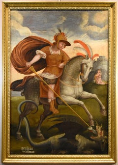 Vintage Saint George Dragon Alpine Painter 17th Century Paint Oil on canvas Old master