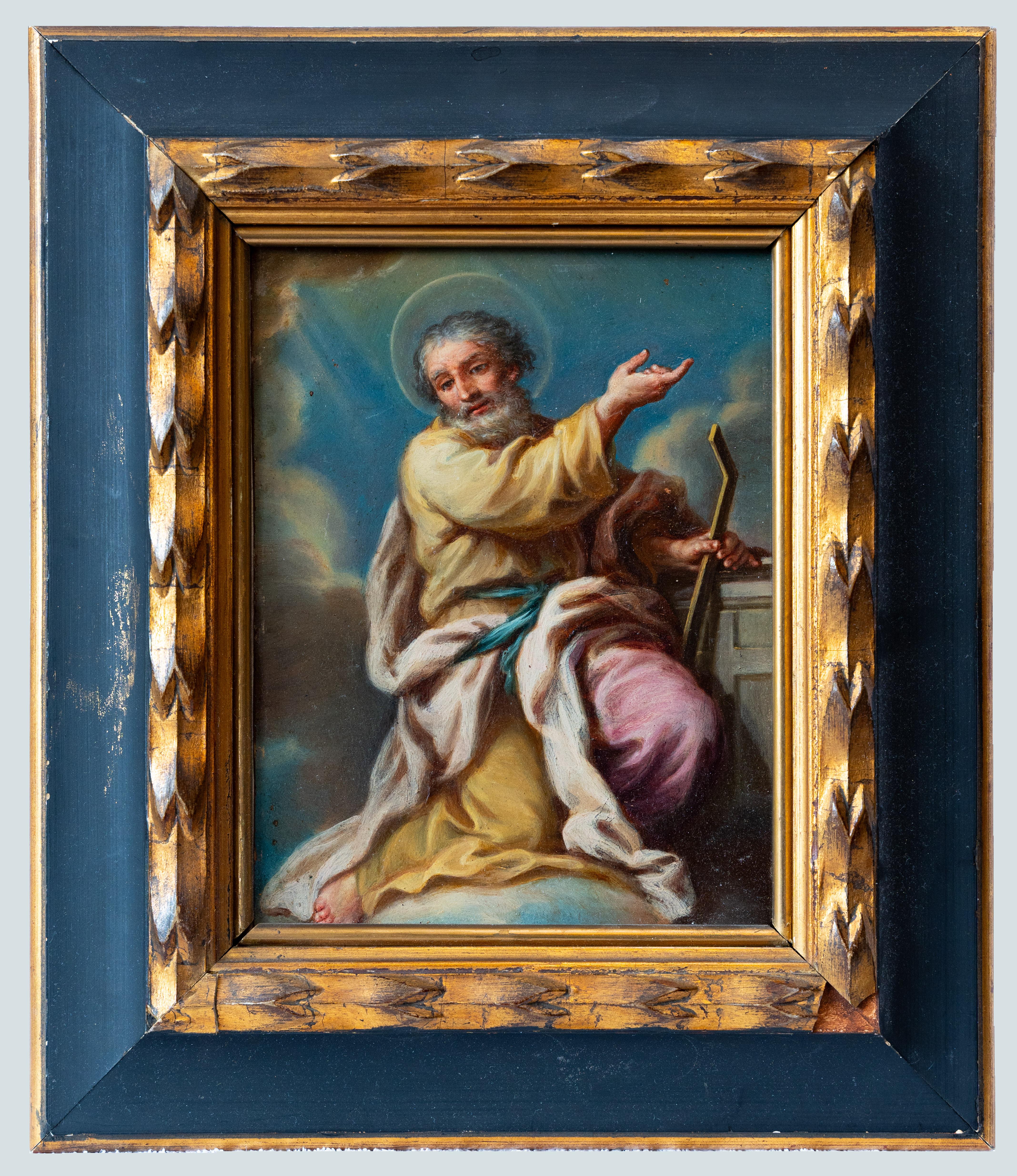 Unknown Figurative Painting - Saint holding a square possibly St Thomas Apostol