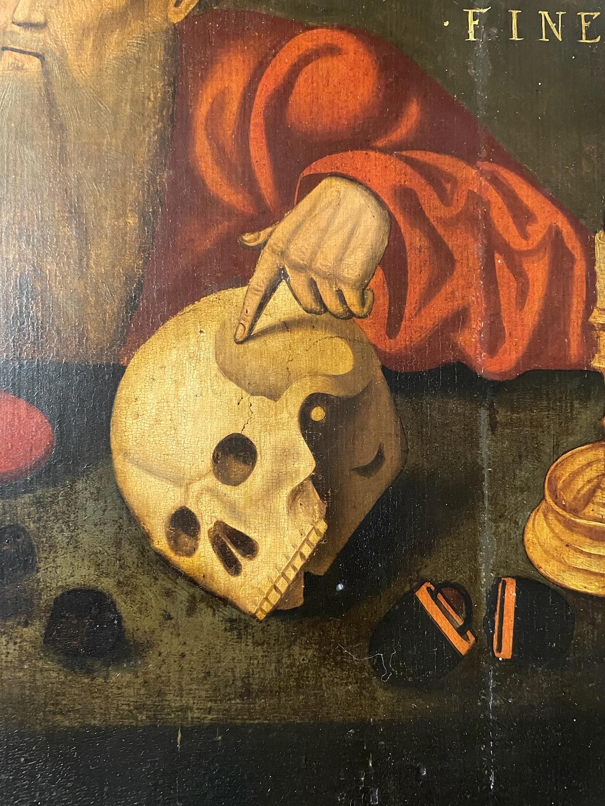 Flemish School, believed to be from the 16th century according to previous owner. Oil on panel depicting Saint Jerome seated in his study with various instruments and symbols around himself, including a skull acting as a memento mori. This portrayal