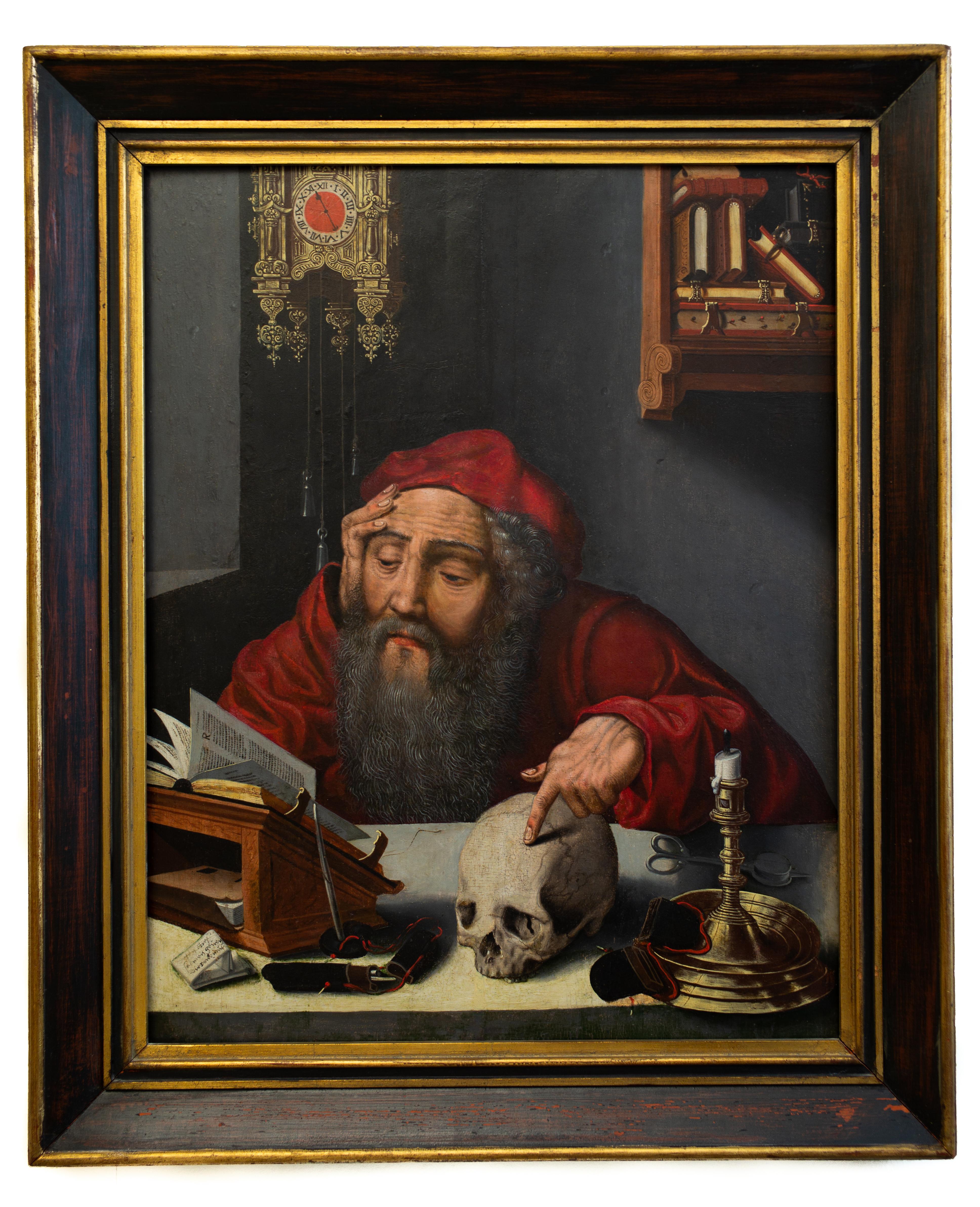 Unknown Figurative Painting – Saint Jerome in His Study, Gemälde eines Anhängers von Joos van Cleve, Öl auf Tafel