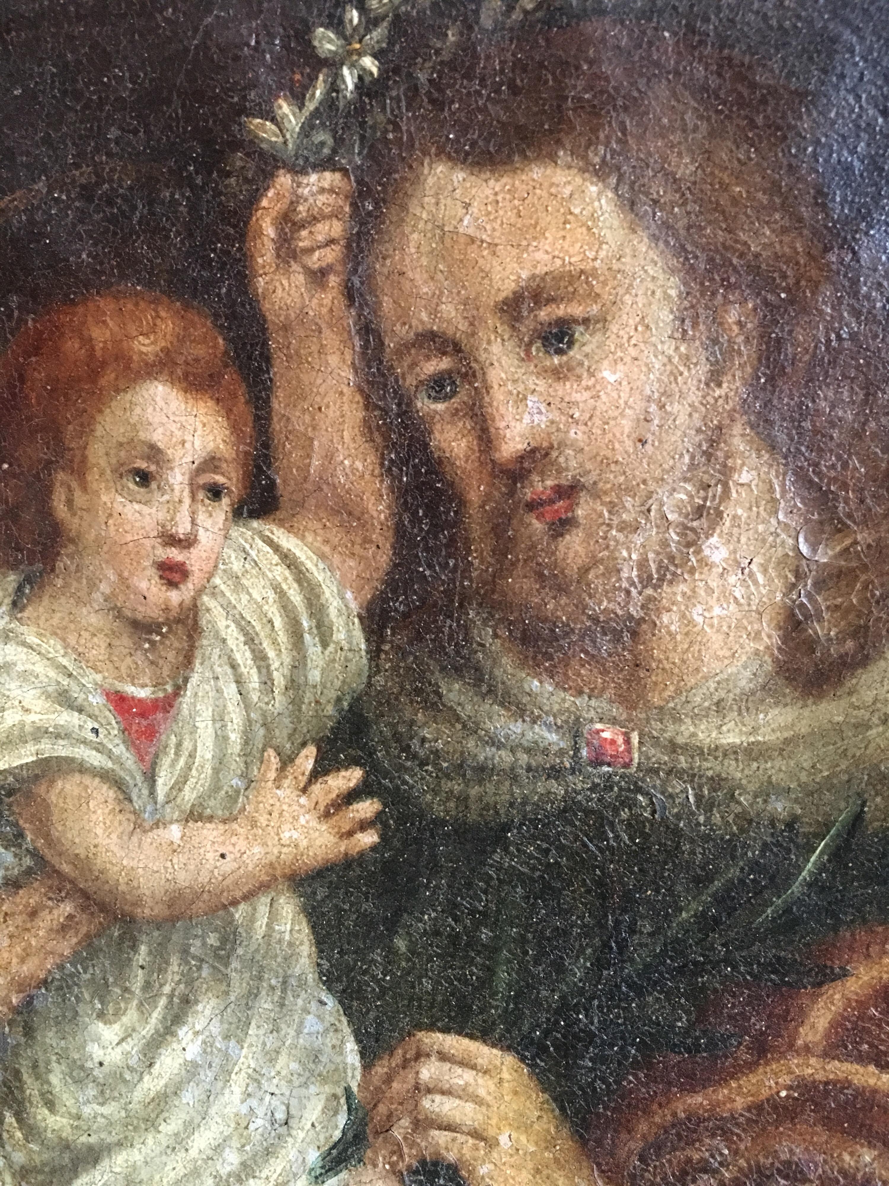 Saint Joseph, Religious Triptych Antique Oil Painting - Black Portrait Painting by Unknown