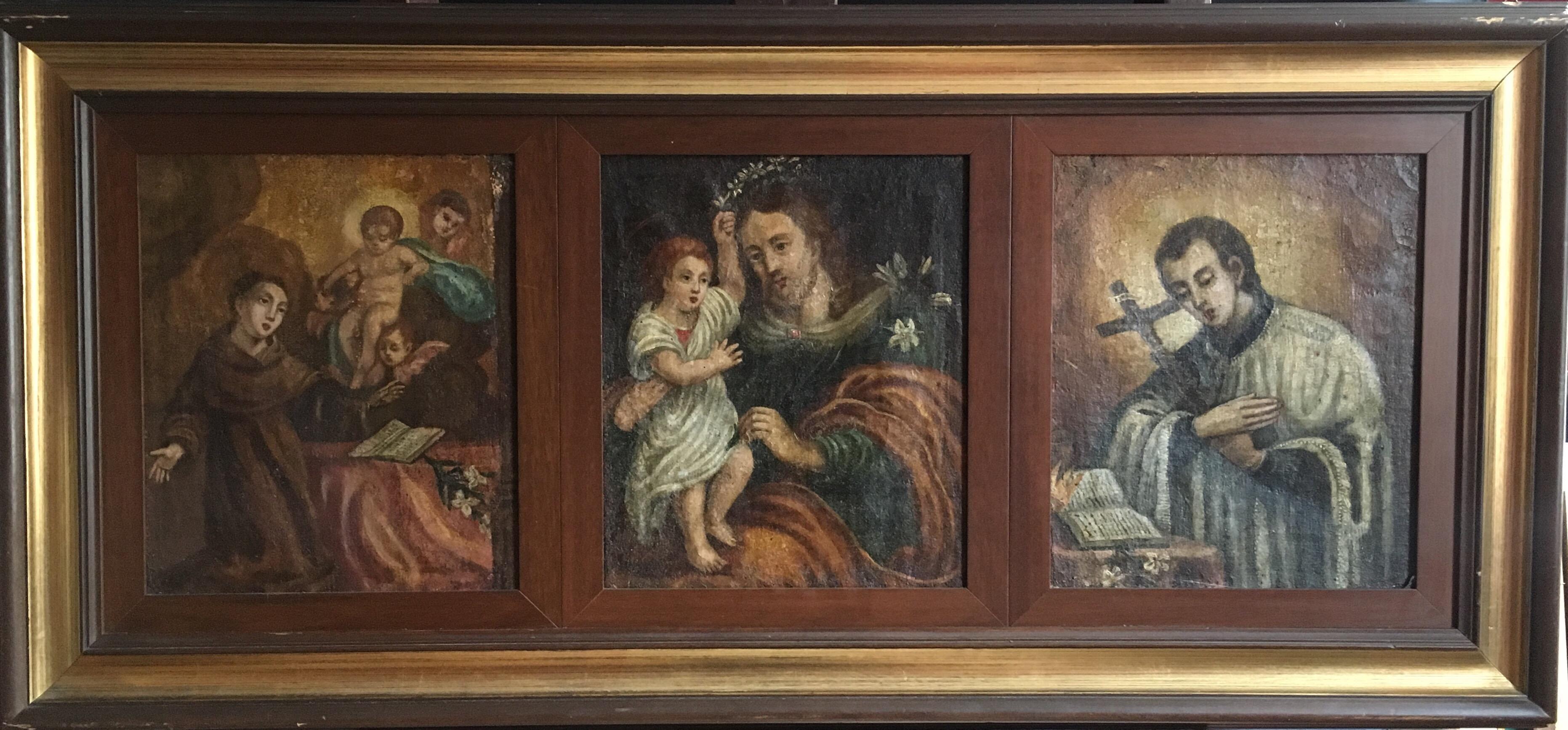 Unknown Portrait Painting - Saint Joseph, Religious Triptych Antique Oil Painting