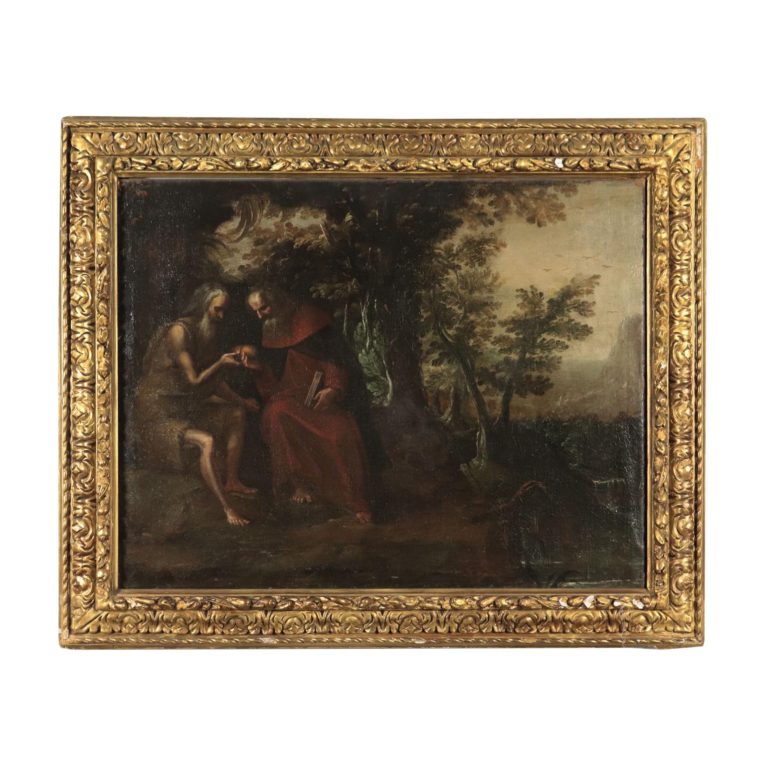 Unknown Figurative Painting - Saint Paul Hermit And Saint Anthony Abbot Oil On Canvas 17th Century