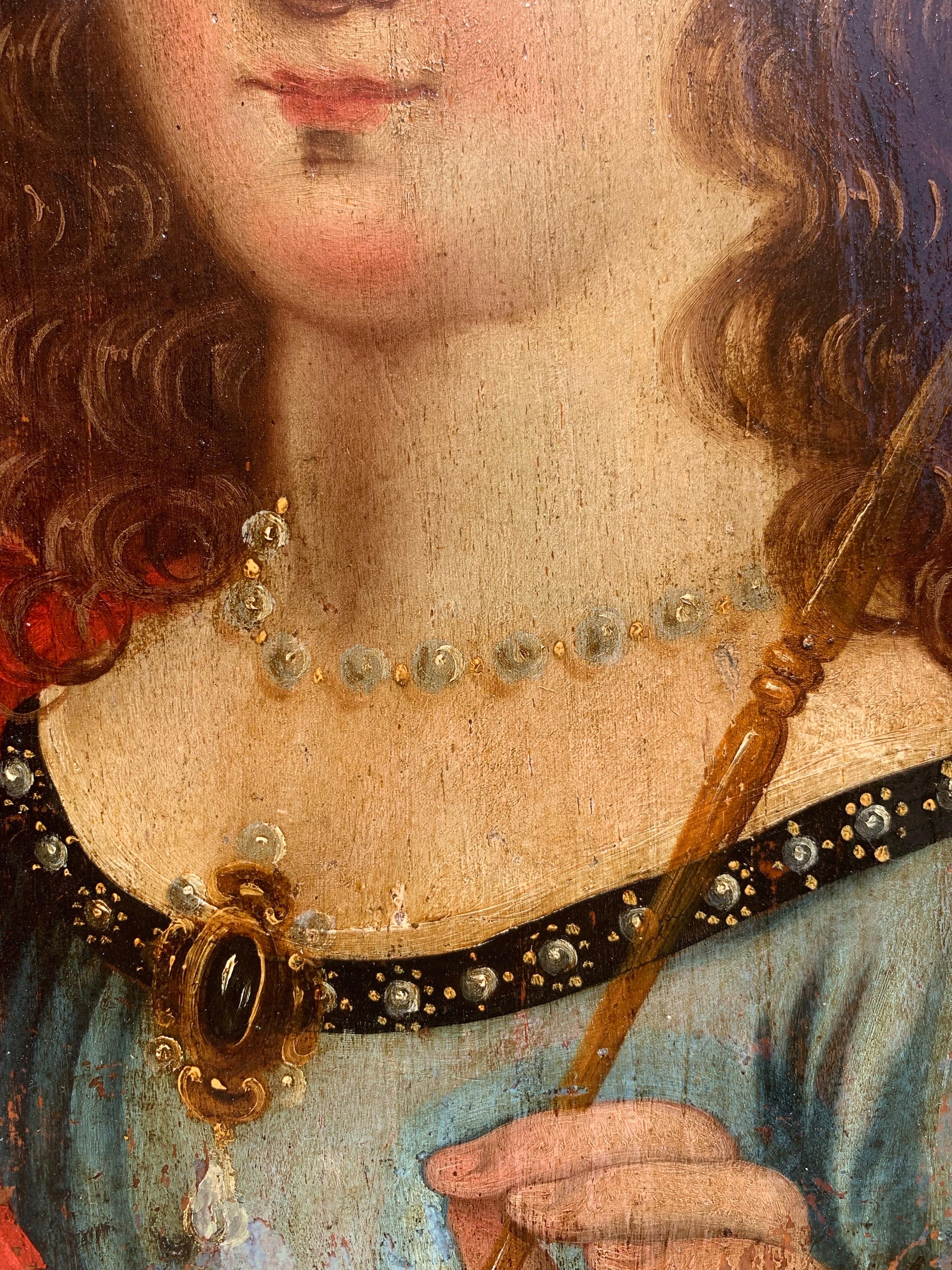 Saint Queen of Francs : Saint Clotilde, Painting on wooden panel, circa 1700. For Sale 8