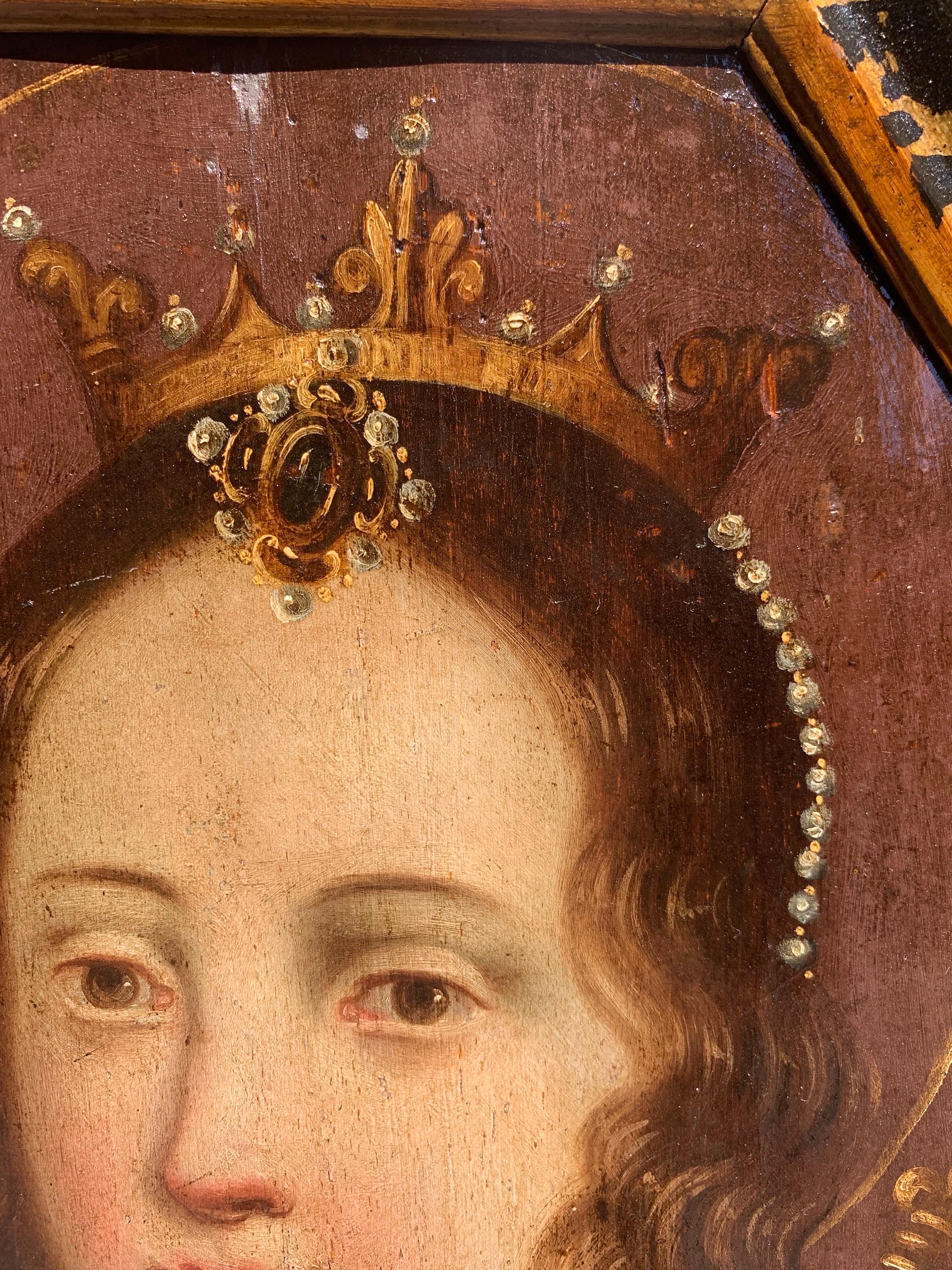 Saint Queen of Francs : Saint Clotilde, Painting on wooden panel, circa 1700. - Brown Figurative Painting by Unknown