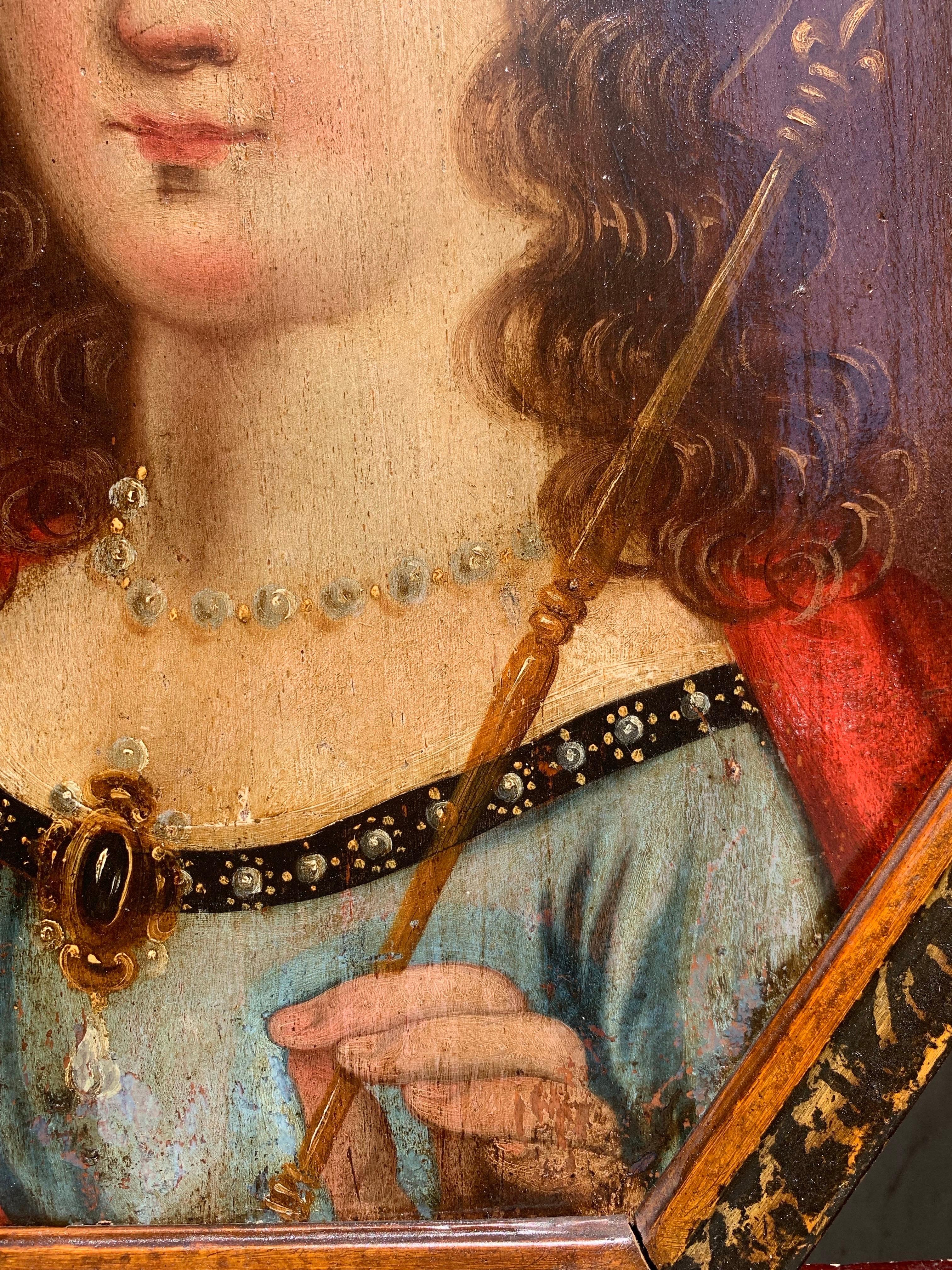 Painting on panel, circa 1700, depicting a Crowned Saint Queen

Period: Circa 1700

Technique: Oil on panel

Dimensions:

With frame: 44 x 33 cm

Without frame: 39 x 28 cm

Frame: Painted wooden frame with a marbled effect, dating to the early 20th