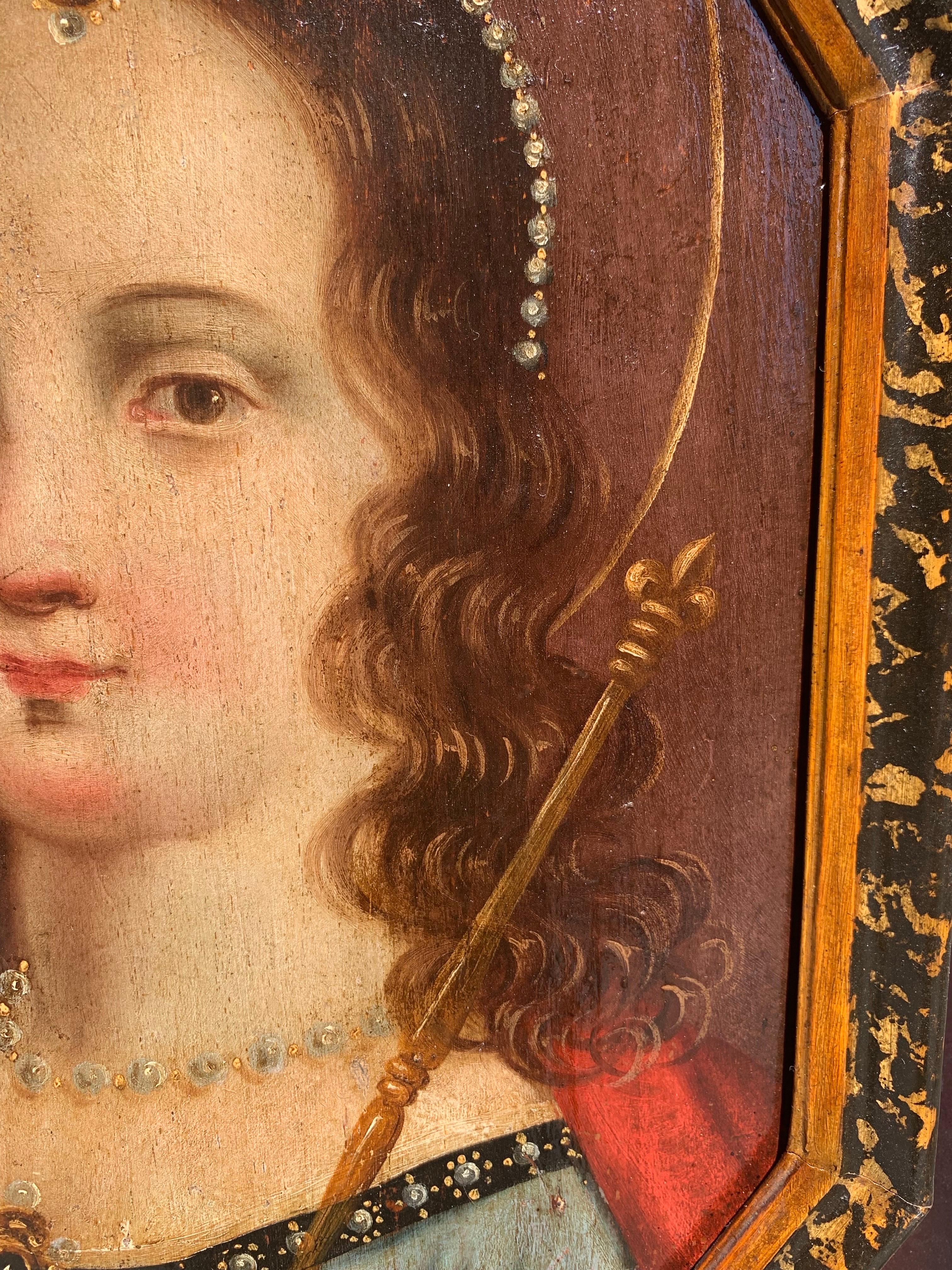 Saint Queen of Francs : Saint Clotilde, Painting on wooden panel, circa 1700. For Sale 1