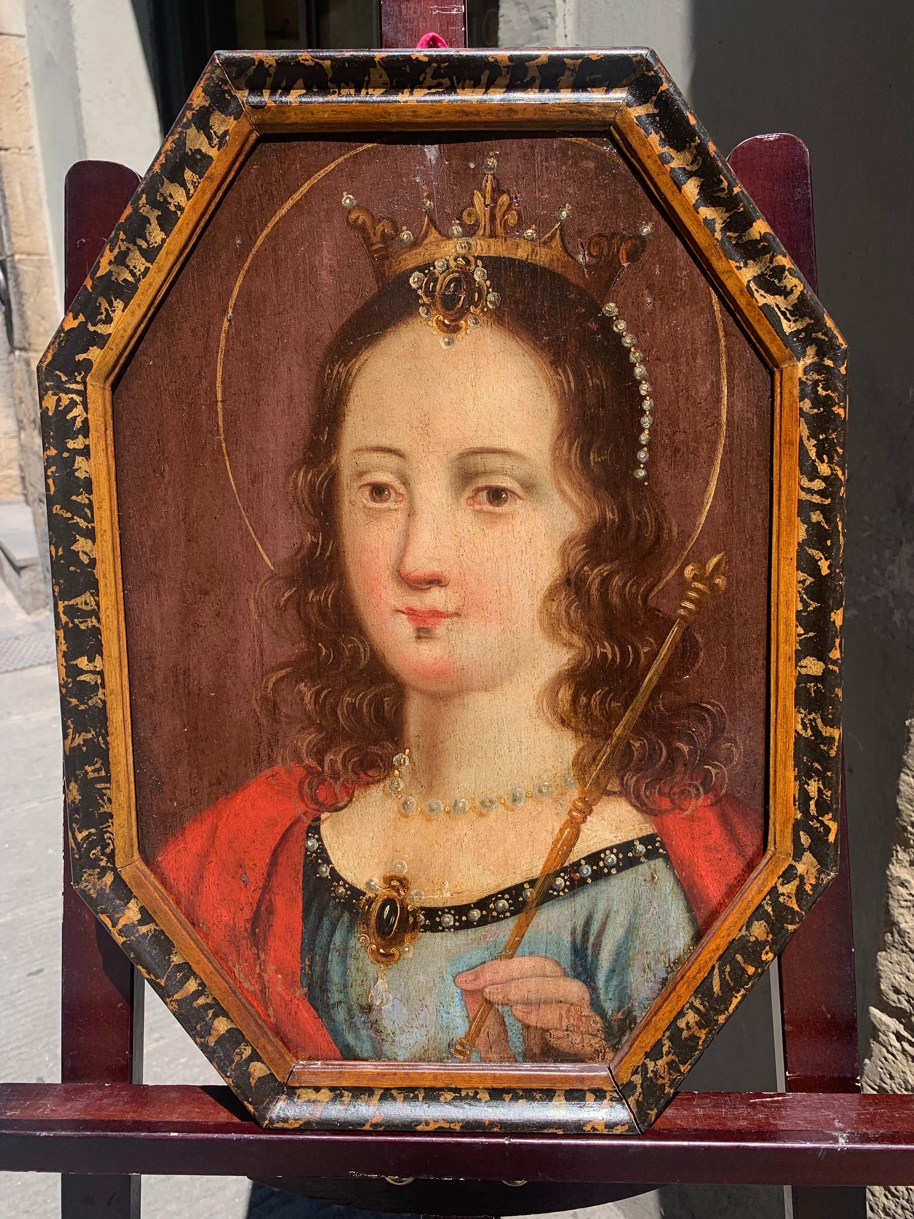 Saint Queen of Francs : Saint Clotilde, Painting on wooden panel, circa 1700. For Sale 5
