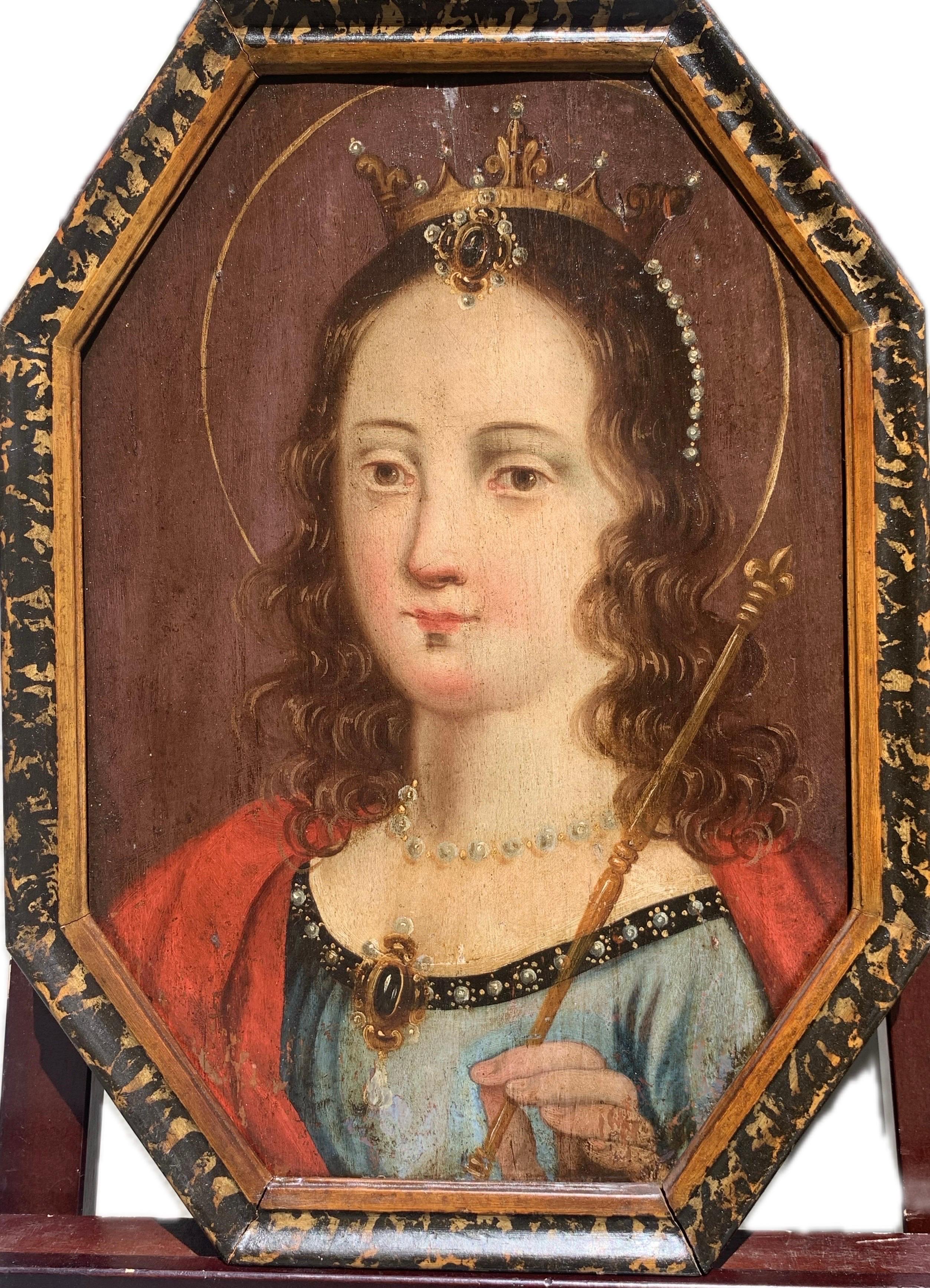 Unknown Figurative Painting - Saint Queen of Francs : Saint Clotilde, Painting on wooden panel, circa 1700.