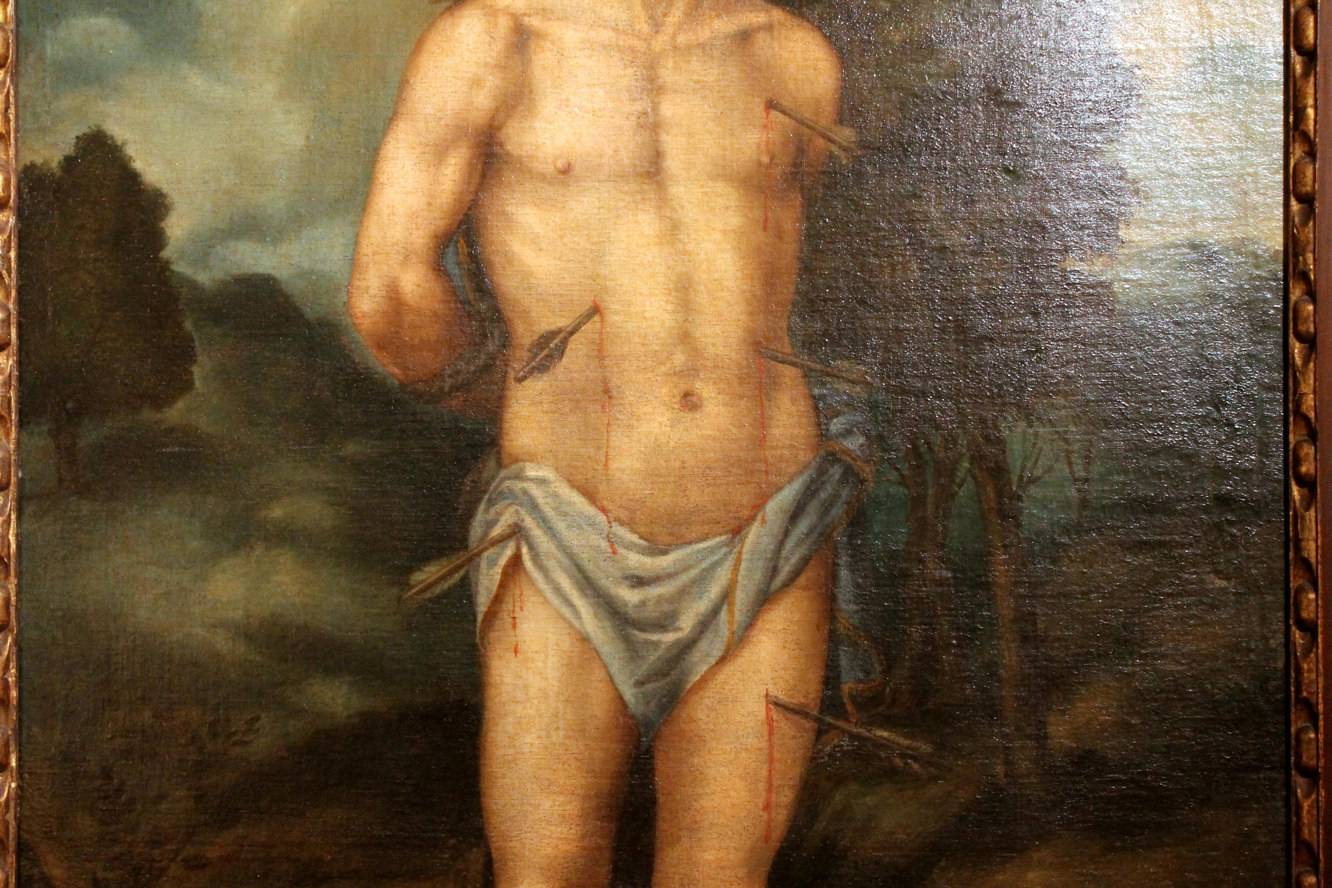Saint Sebastian Antique Spanish School Oil on Canvas Religious Portait Painting  - Black Portrait Painting by Unknown