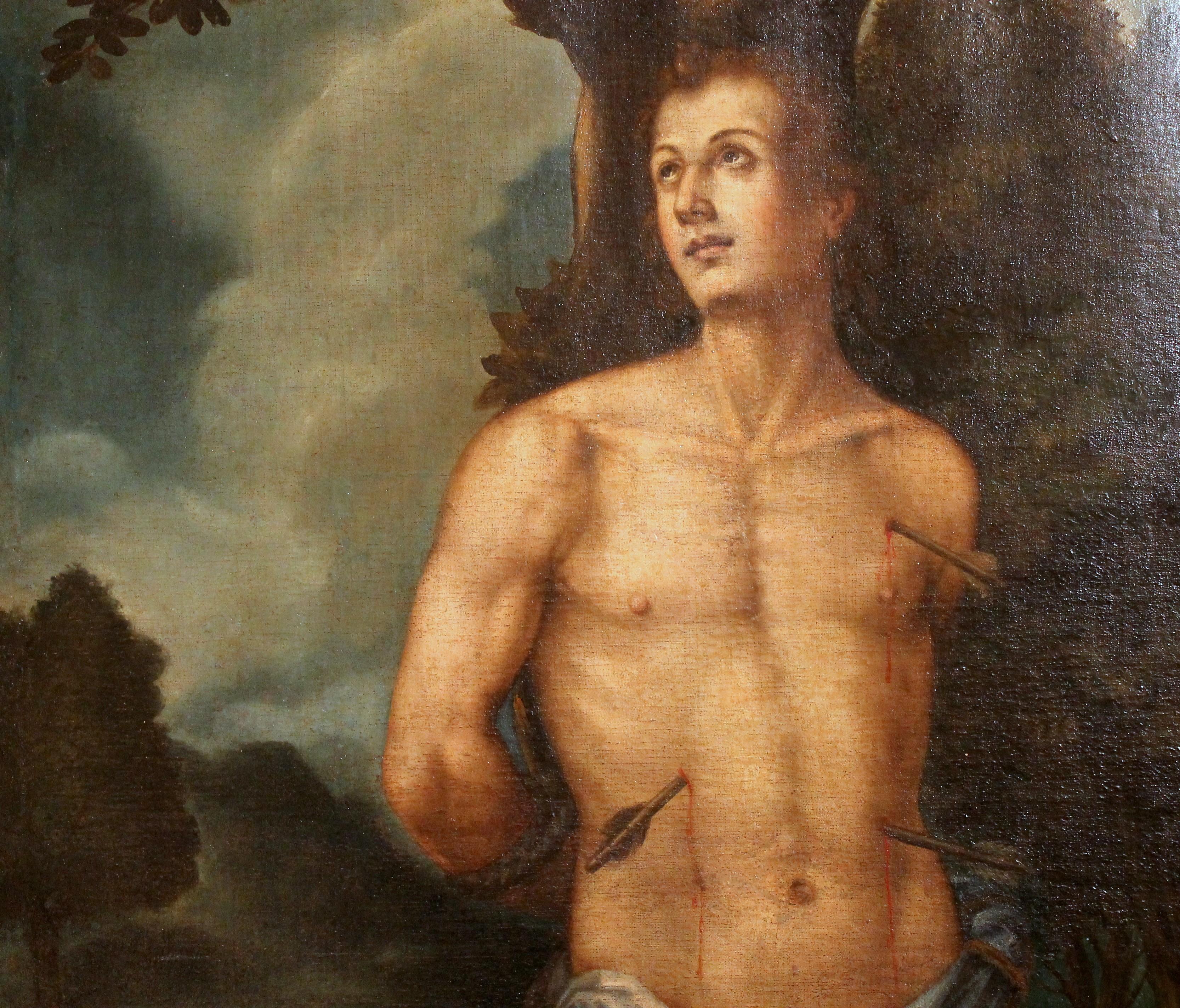 This Antique Spanish School 17th Century Oil on Canvas Religious Portait Painting of Saint Sebastian is a symbol of rebirth and strength, so current and powerful that has become a gay icon and still contributes to redefine the perception of the