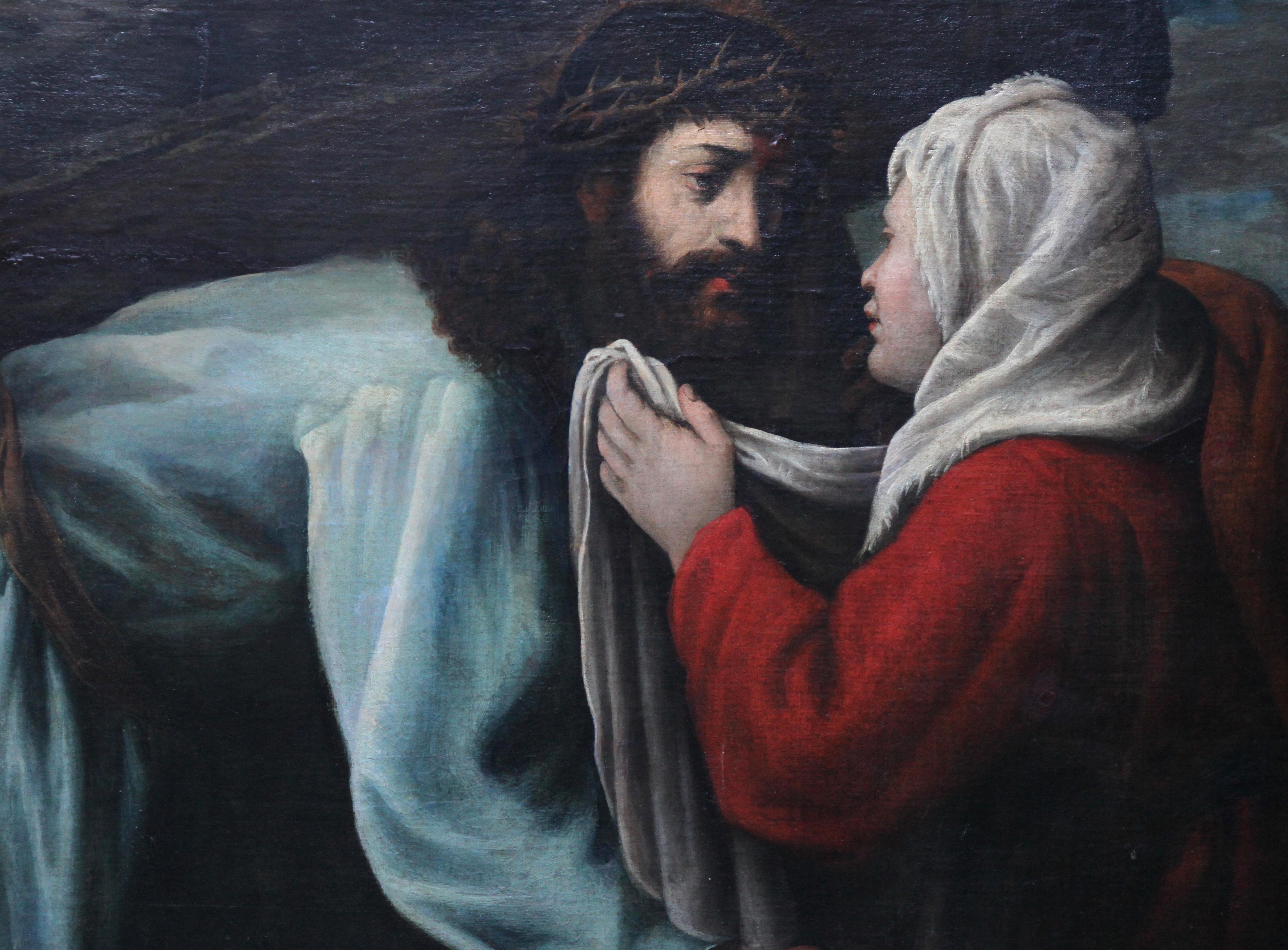 This stunning 17th century religious oil painting of Christ and Saint Veronica is attributed to an artist from the Venetian School. The painting is of Saint Veronica, wiping the face of Christ on his way to Calvary, the hill outside Jerusalem on