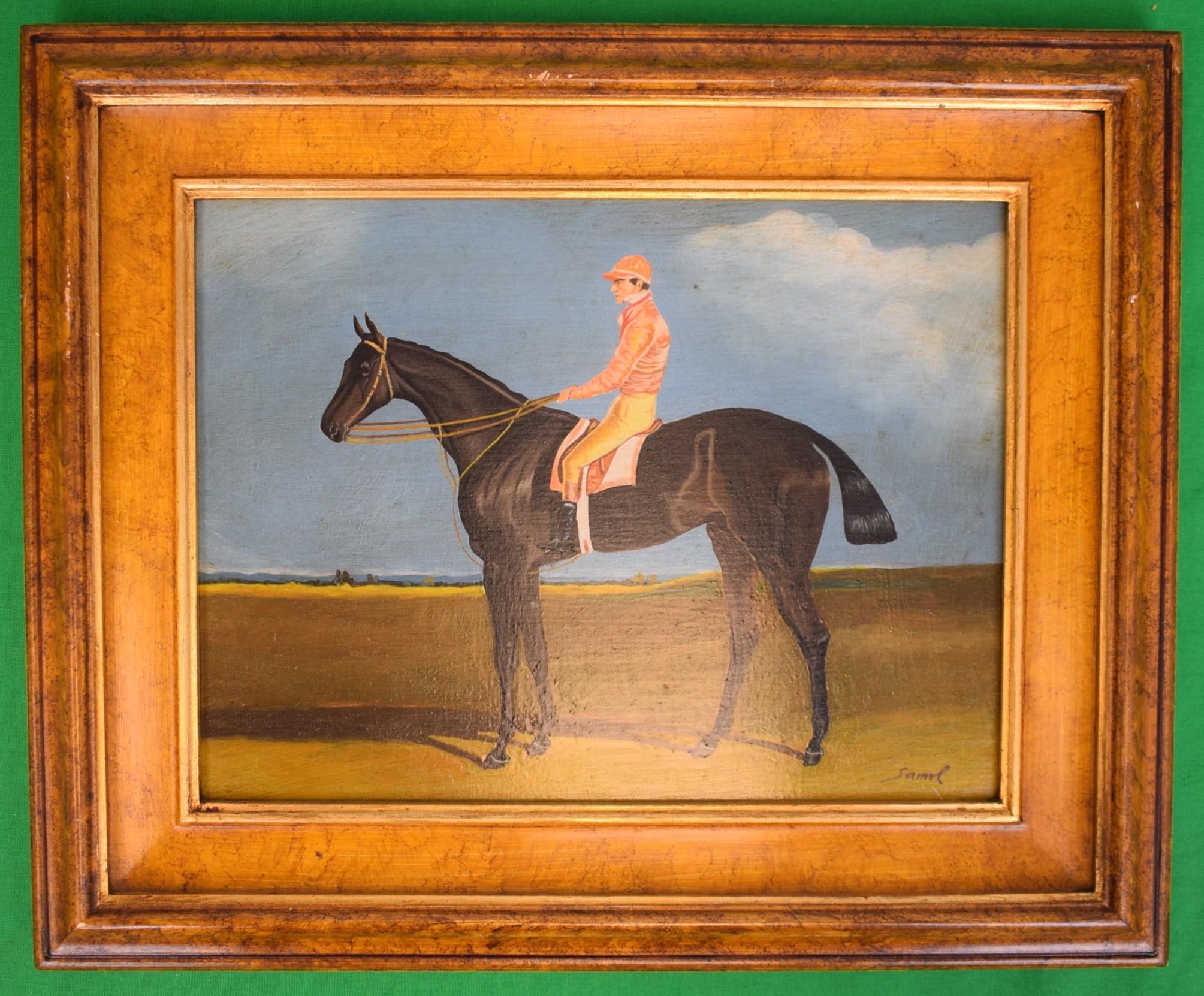 Unknown Animal Painting - Salmon Pink Silks Jockey Astride Racehorse