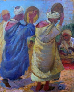 Sellers di sale e cereali, pittura folkloristica olio su tela di Jalal Gharbi