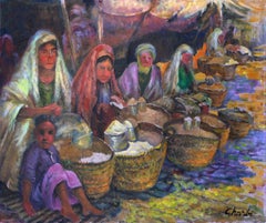 Salt and Grain Sellers, Folk Art Oil on Canvas Painting by Jalal Gharbi