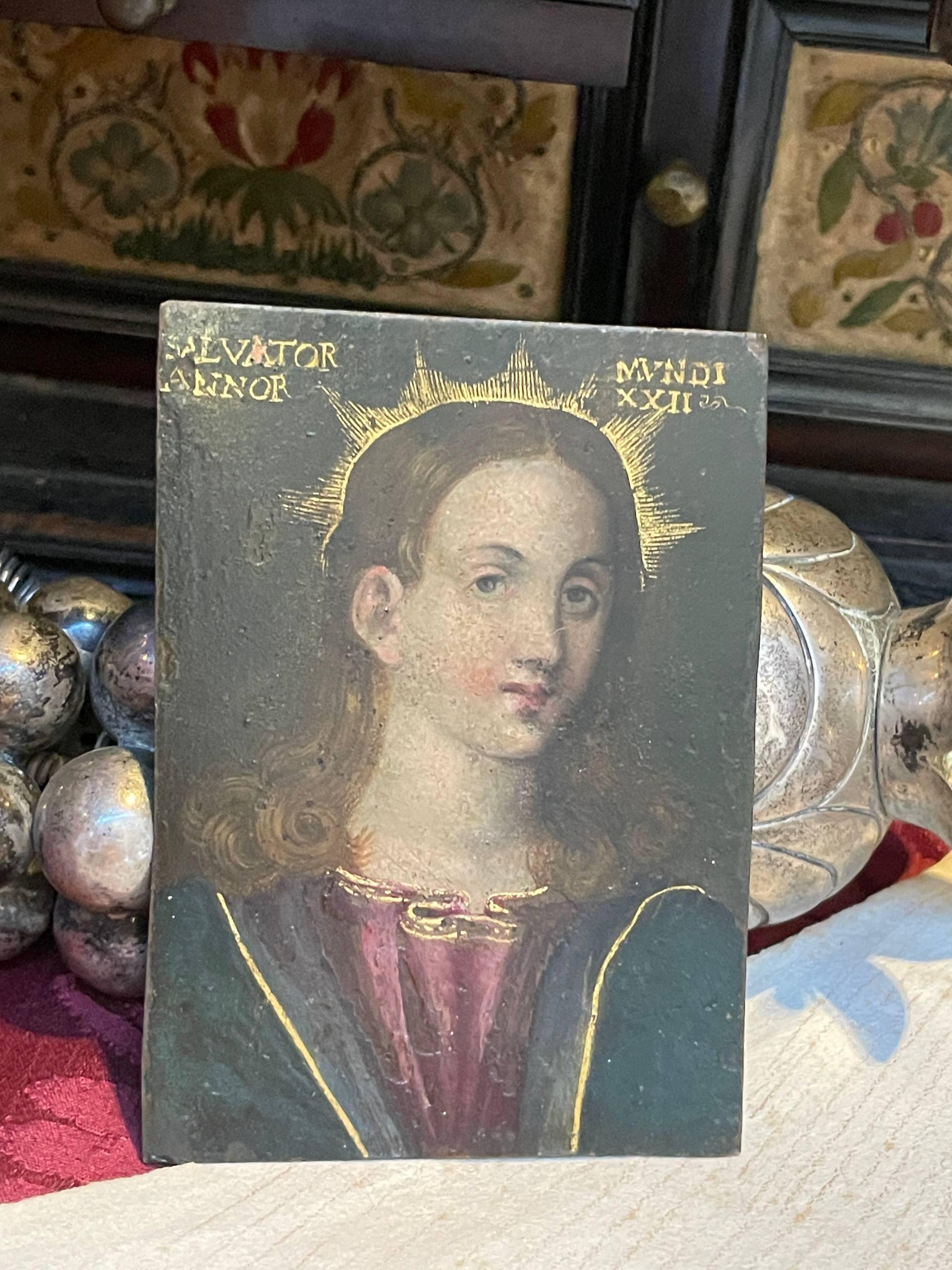 Salvator Mundi, Öl auf Kupfer, Norditalien, spätes 16. - frühes 17. Jh., 9×7 cm im Angebot 6