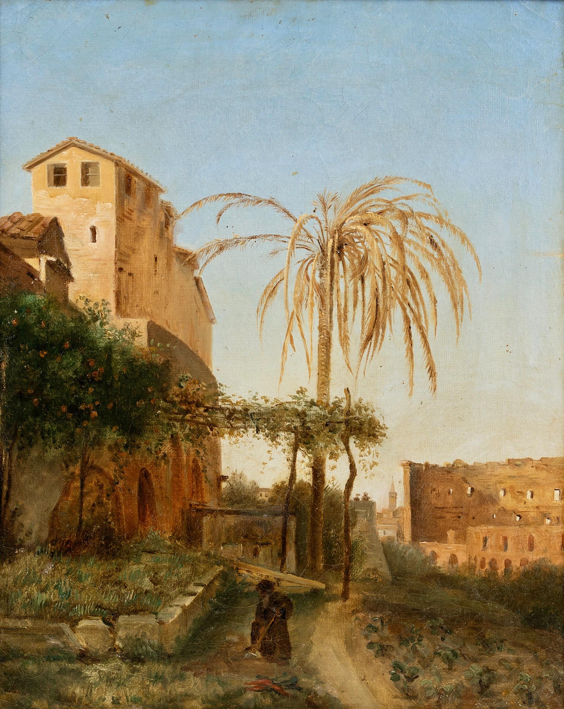 Das Kolosseum und San Bonaventura al Palatino von seinem Garten aus gesehen.  – Painting von Unknown