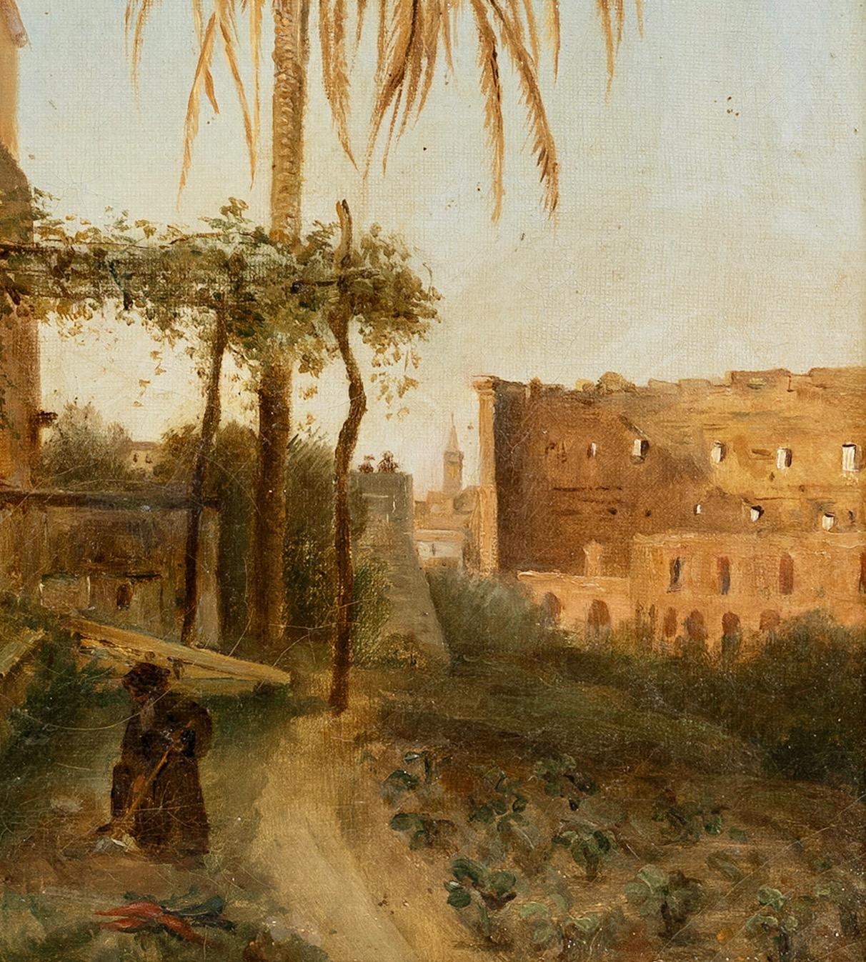 A view from Rome with the Church of San Bonaventura al Palatino, also called San Bonaventura alla Polveriera, and the Colosseum. In the distance is the church of Santa Maria Maggiore. In front of the view is a Franciscan monk working the garden of