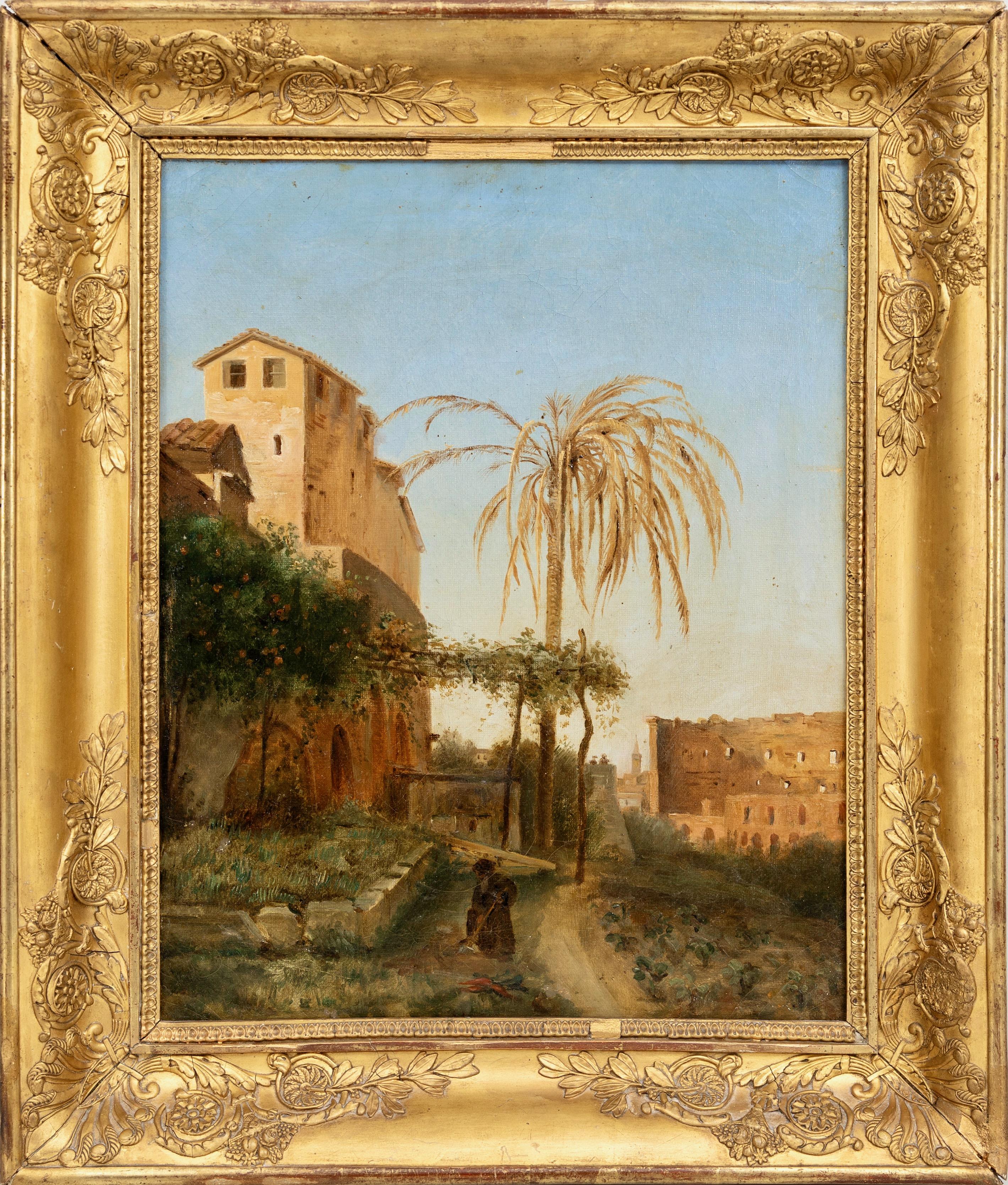 Unknown Landscape Painting - The Colosseum and San Bonaventura al Palatino seen from its Garden. 