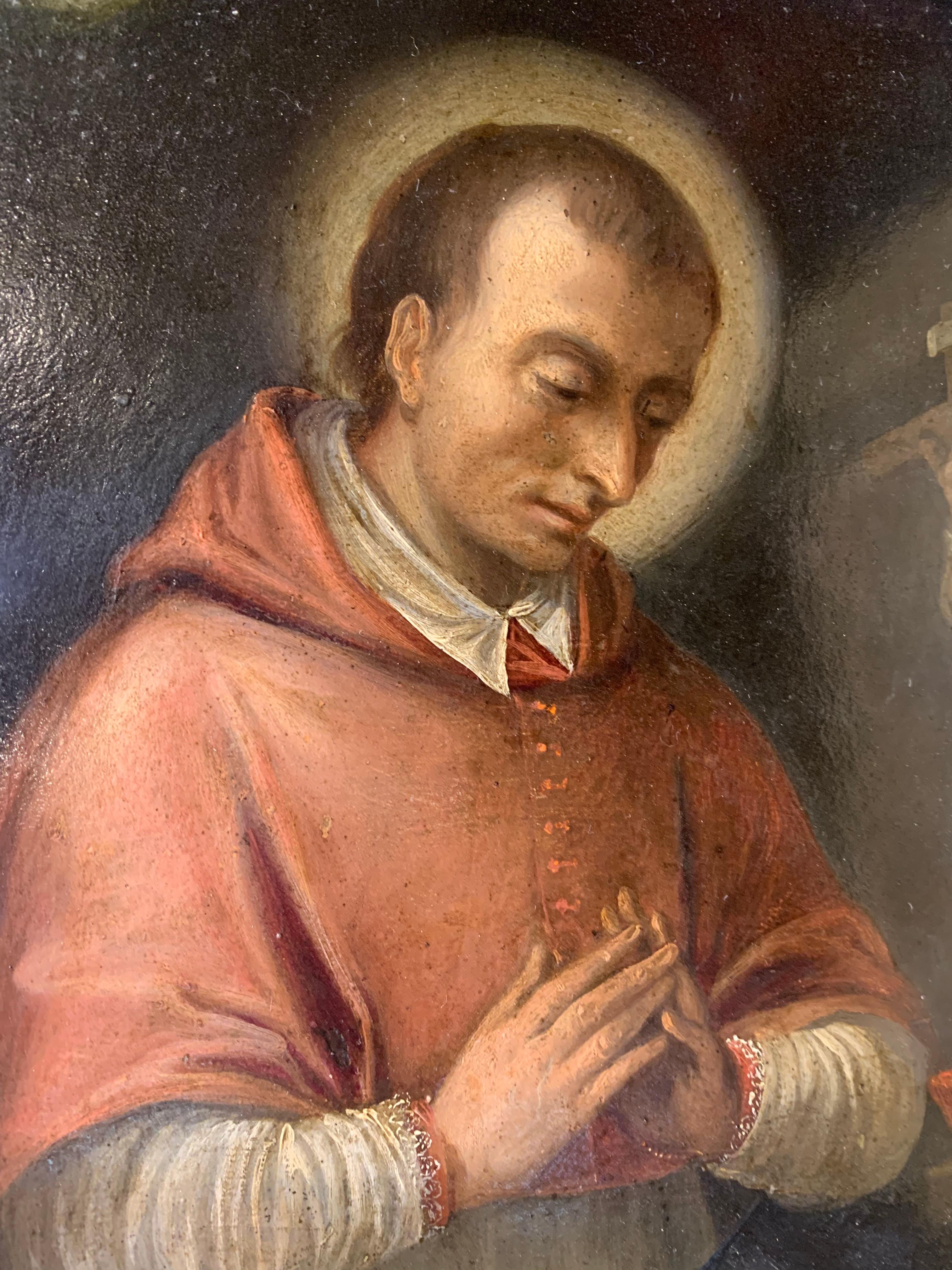 San Carlo Borromeo.
Early 17th century.
Technique: oil on copper.
Good state of conservation.
It represents San Carlo praying in front of a book, a human skull and a crucifix.
Italian school.
The saint is represented without tonsure but with a halo