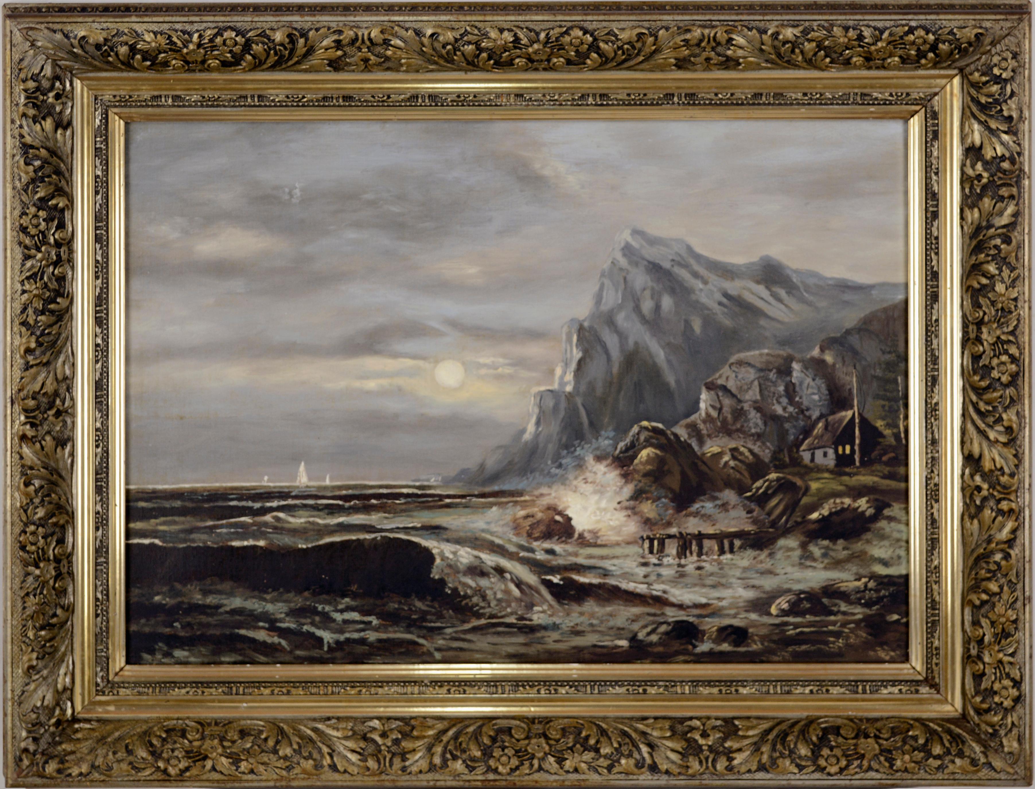 Landscape Painting di Unknown - Baia di San Francisco e surf autunnale con la capanna dei balenieri, circa 1900