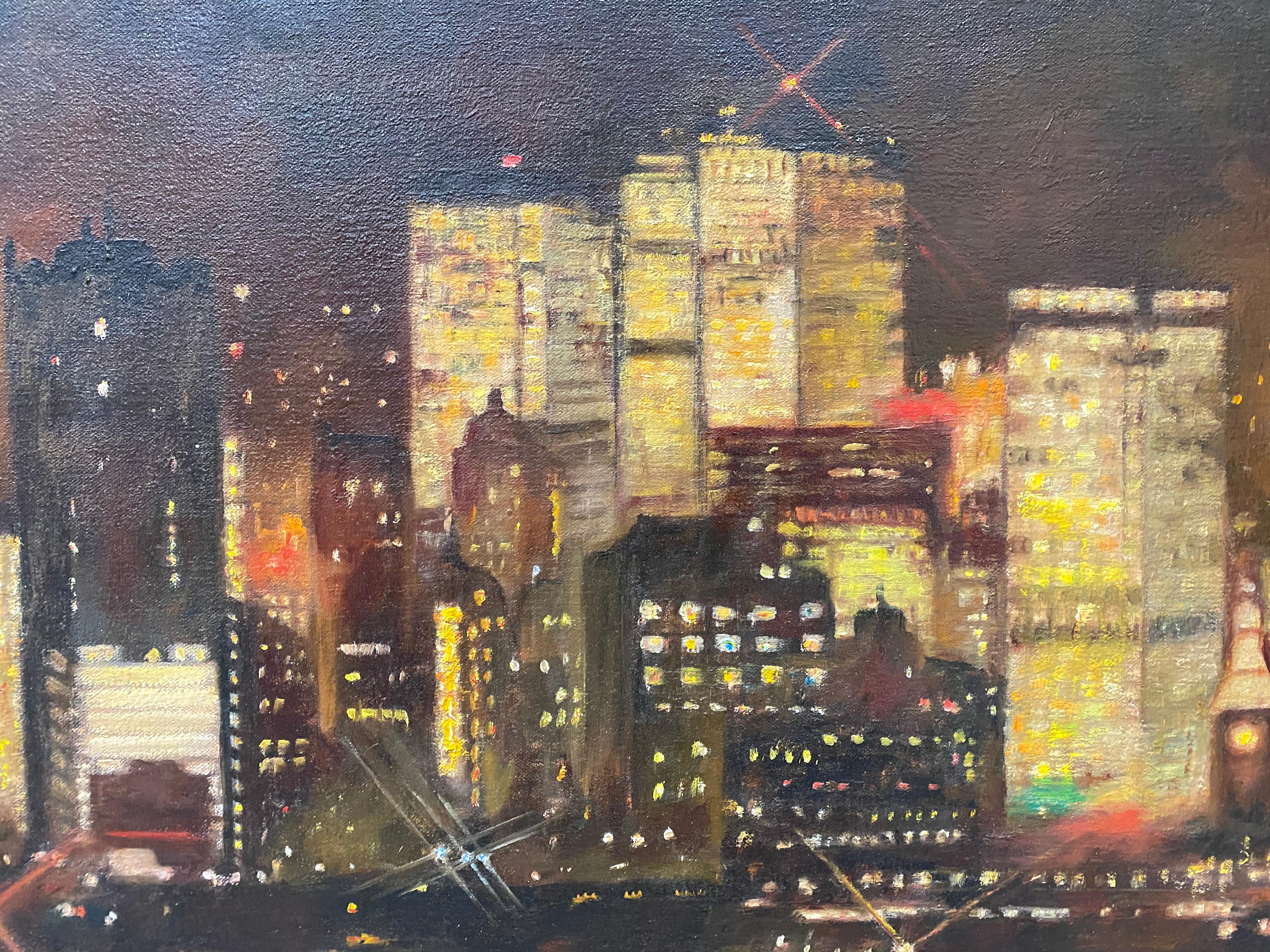 San Francisco Skyline at Night Original Oil Painting by Conger c.1950 For Sale 3