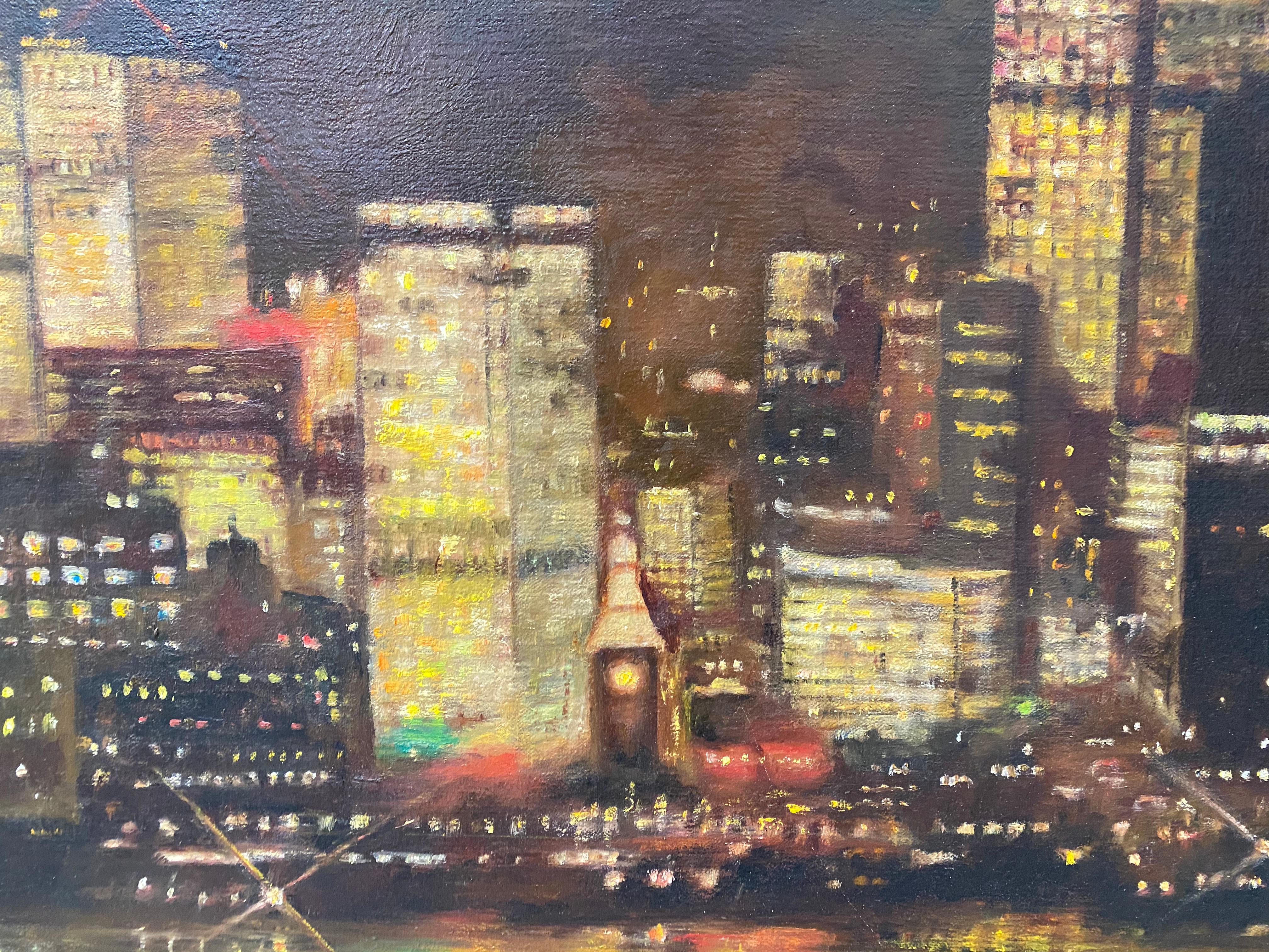 San Francisco Skyline at Night Original Oil Painting by Conger c.1950 For Sale 4