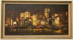 San Francisco Skyline at Night Original Oil Painting by Conger c.1950