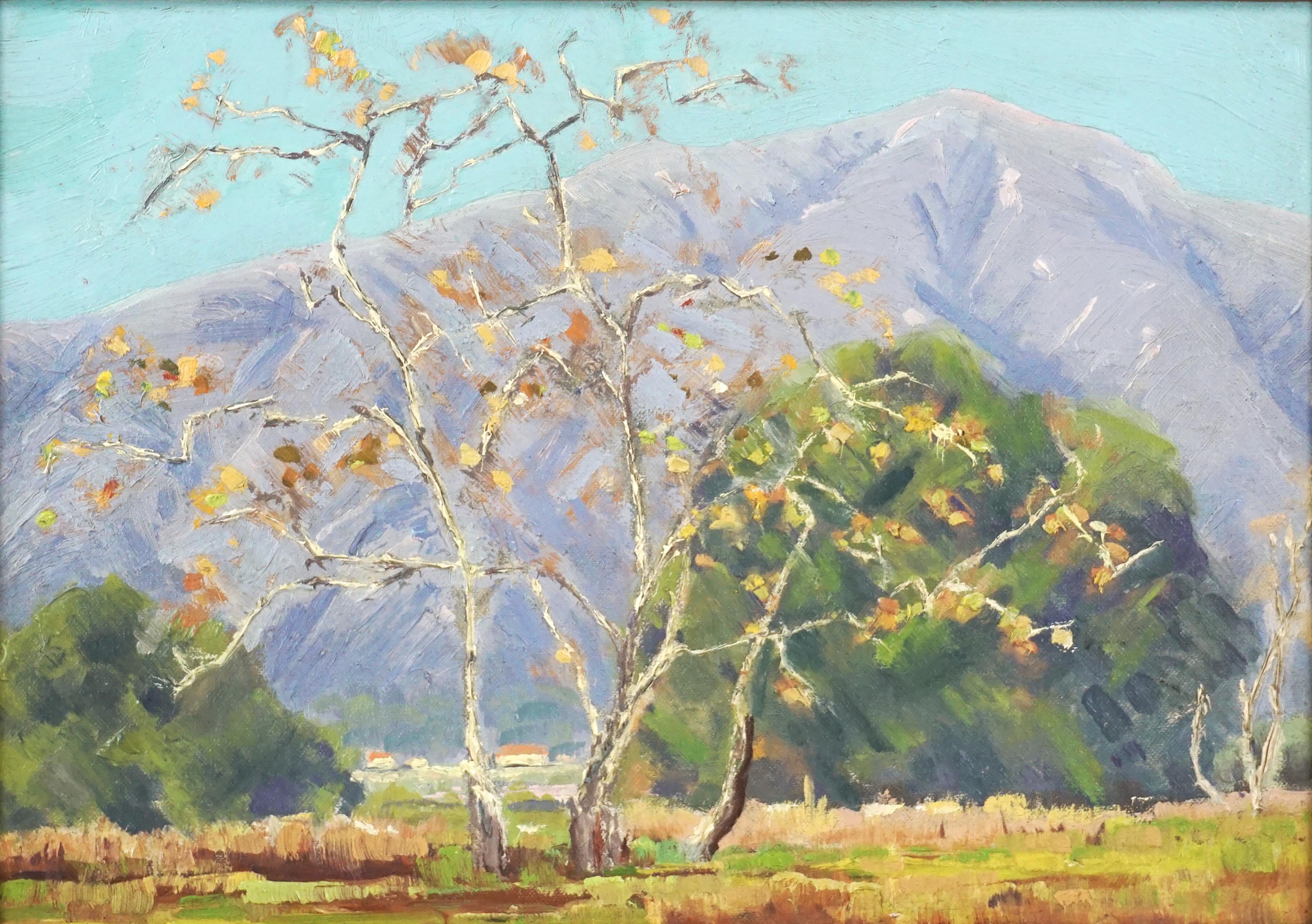 Montagne di San Gabriel in un paesaggio autunnale Scuola della California 1930 - Painting di Unknown