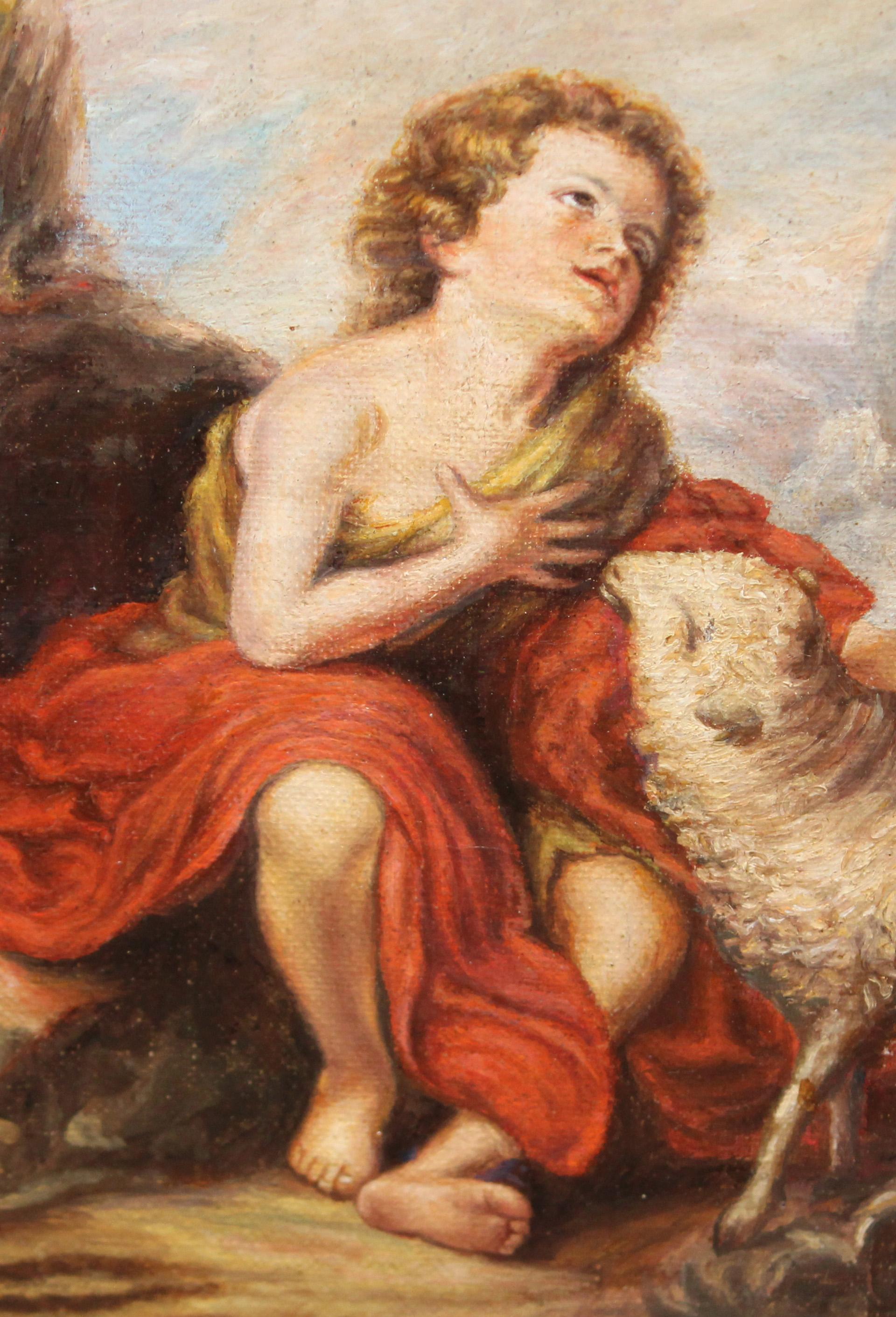 San Juan Bautista niño (Según Murillo) - Óleo sobre tabla - Figurative Painting Marrone di Unknown
