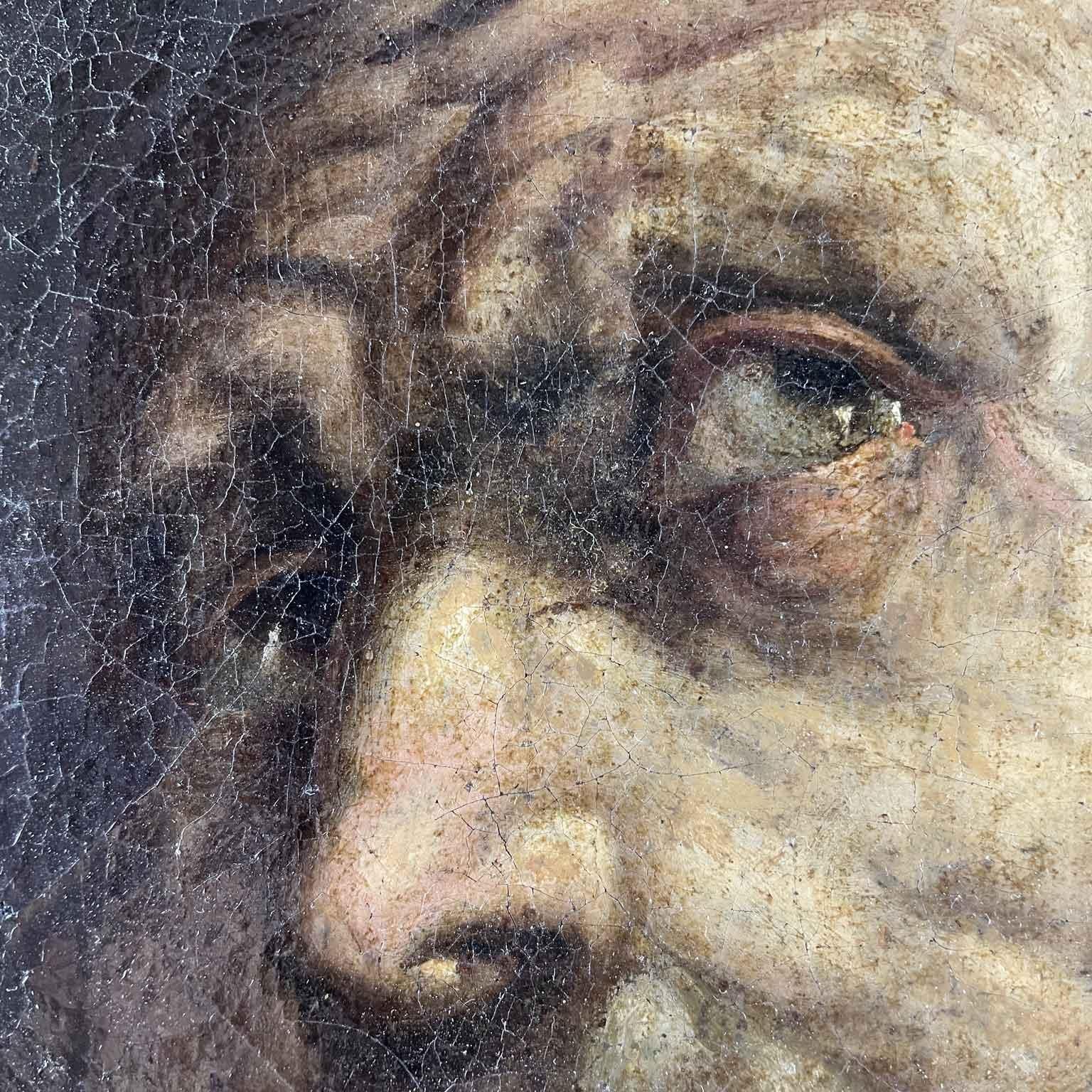 San Pietro E Il Gallo dipinto del 1600 a olio su tela reintelata con telaio nuovo. Il dipinto probabilmente faceva parte di una composizione più ampia raffigurante il pentimento di san Pietro, che piange. Scuola italiana del  XVII secolo. Non
