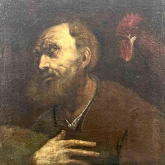 San Pietro e Il Gallo Scuola Italiana XVII Secolo Dipinto a Olio Su Tela